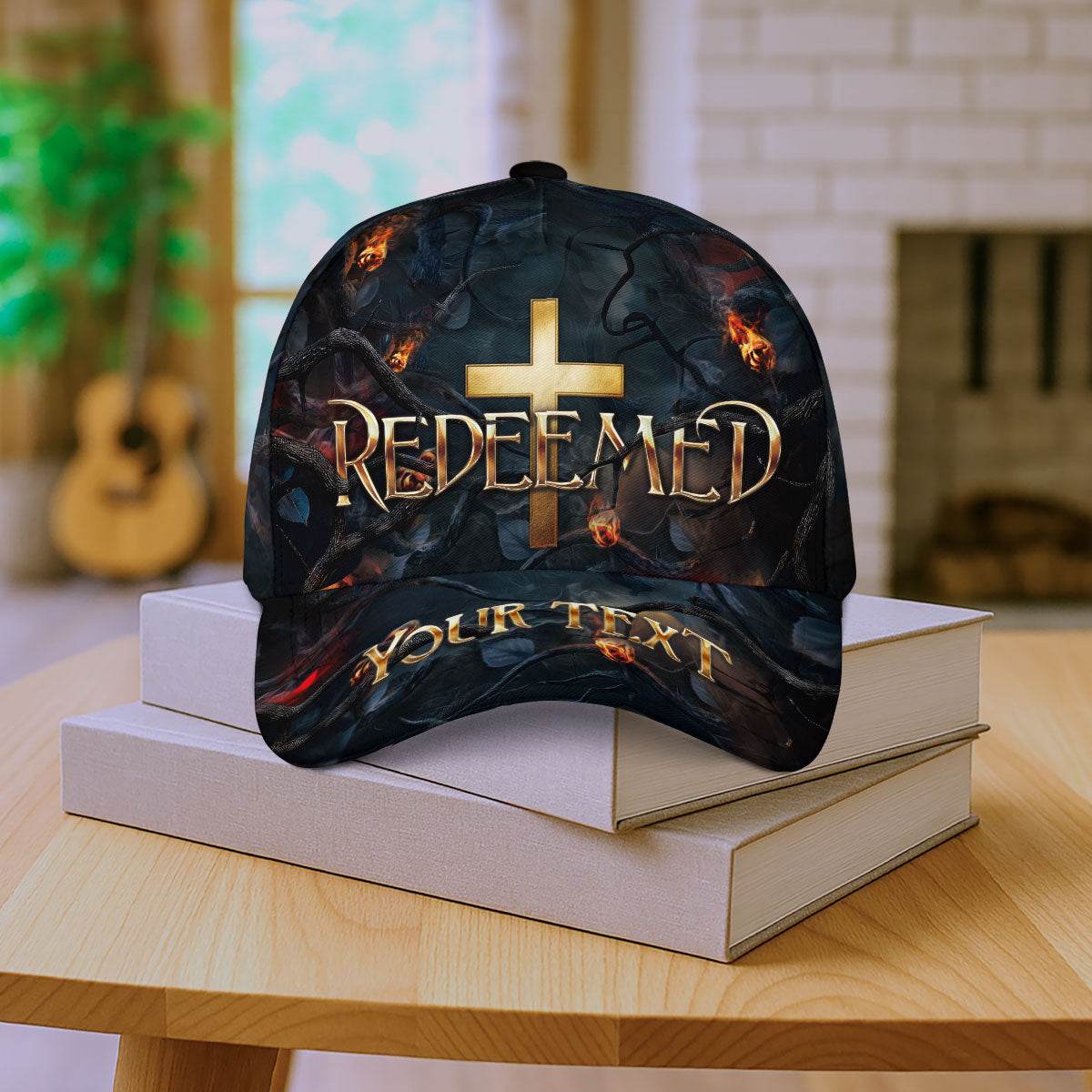 REDEEMED Cross Fire Cap – Bold Christian Statement Hat (Custom Text) - Rust Field Wear