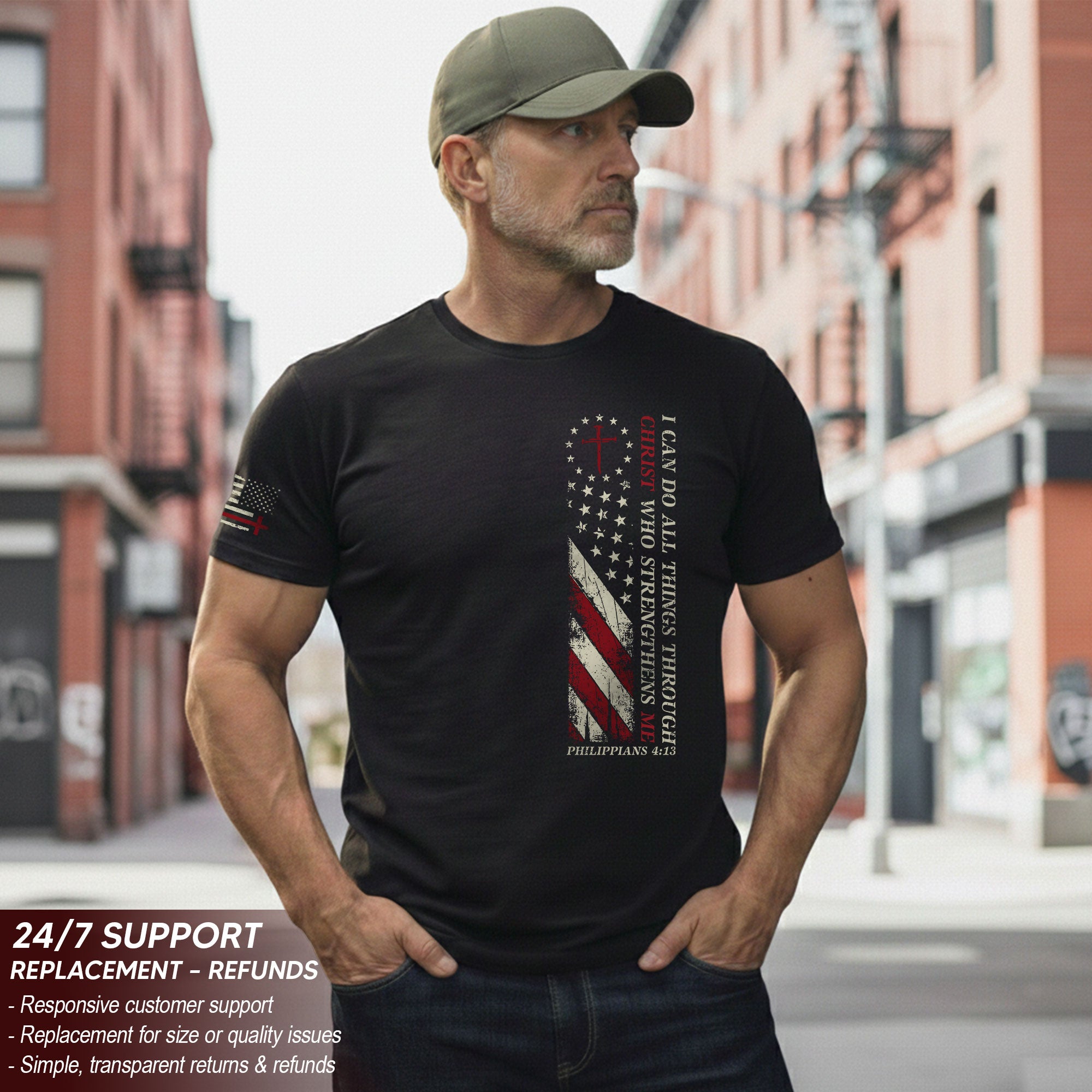 Philippians 4:13 Shirt – I Can Do All Things Through Christ American Flag Tee