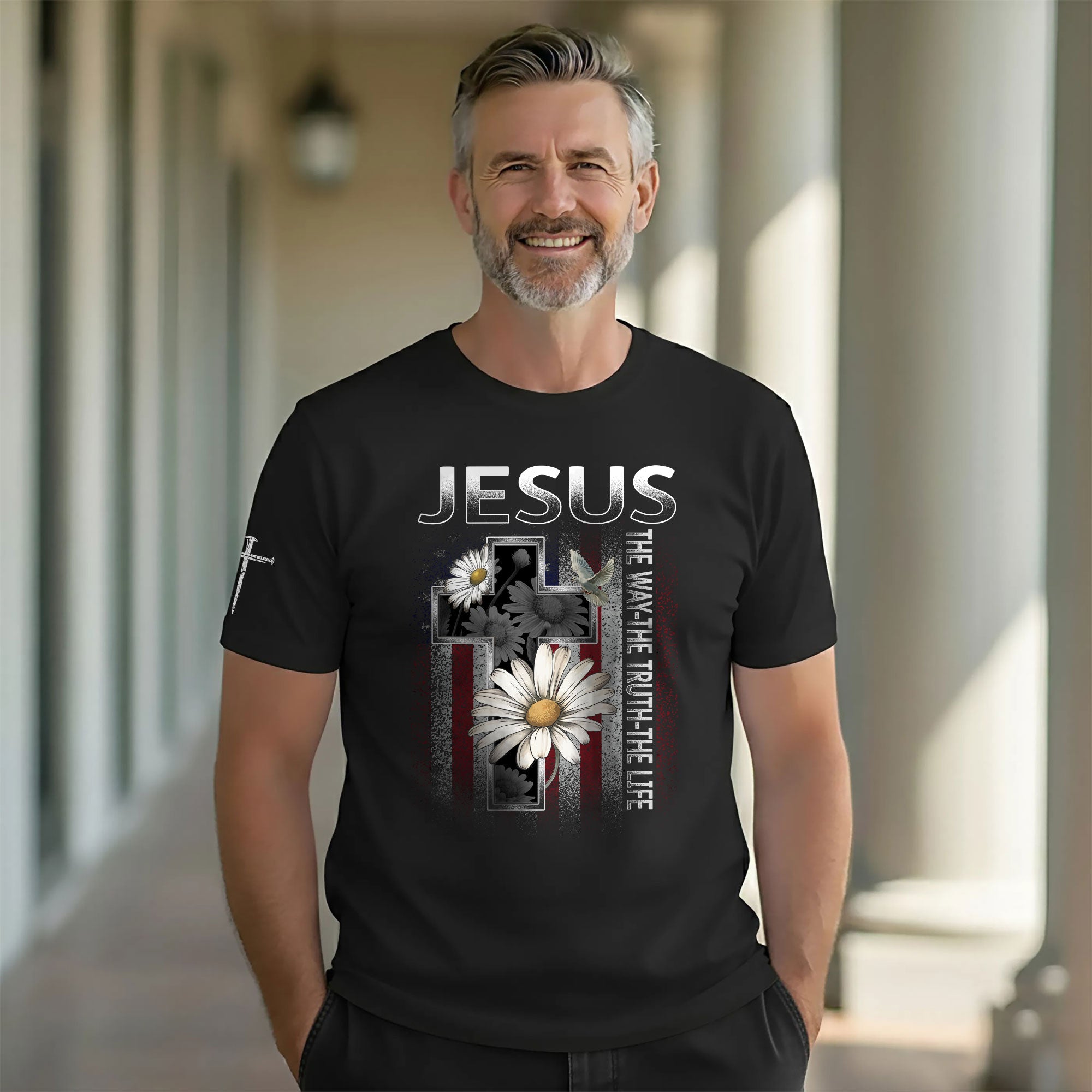 Jesus The Way The Truth The Life Shirt – Floral Cross USA Flag Christian Tee
