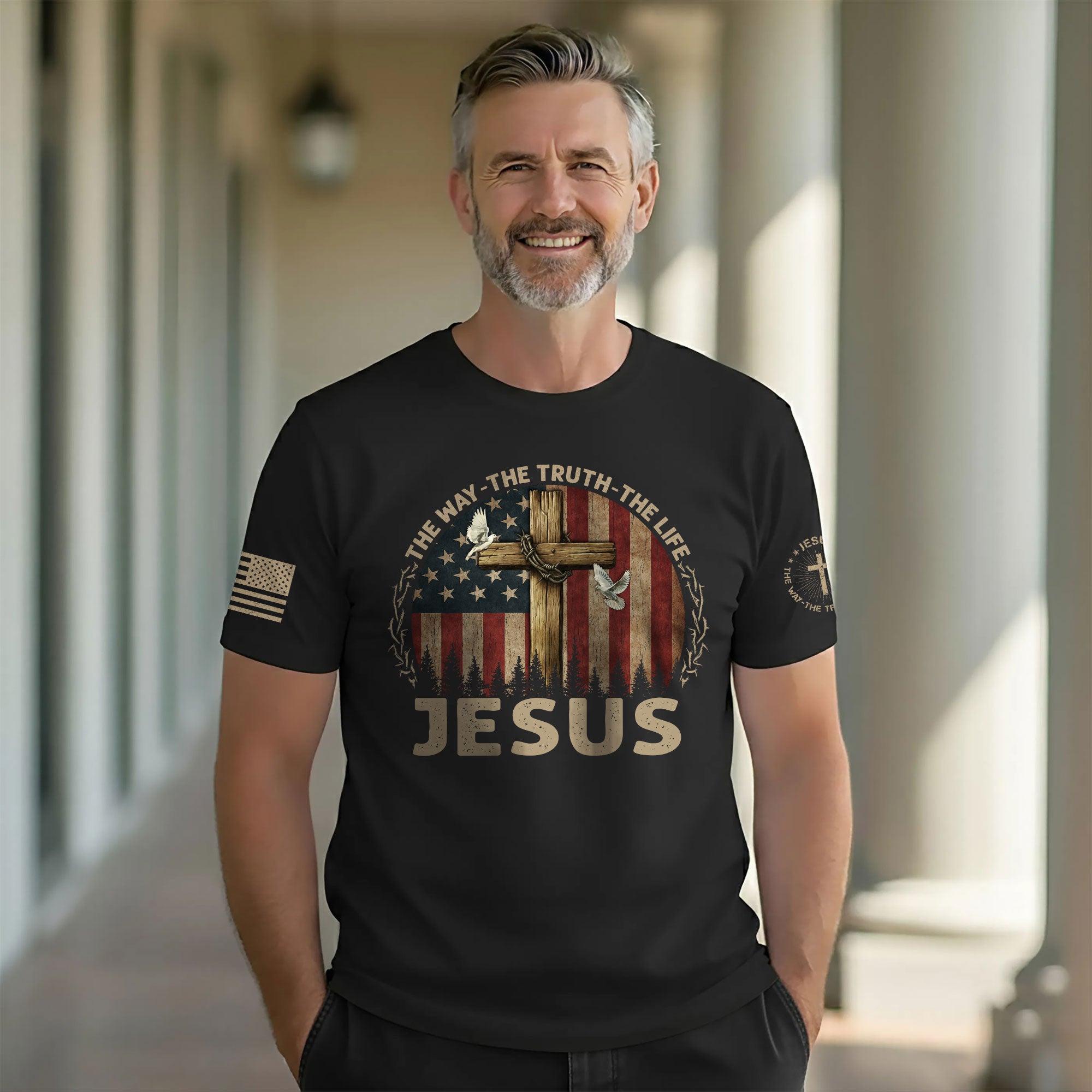 Jesus Shirt – The Way The Truth The Life USA Flag Cross Christian Tee