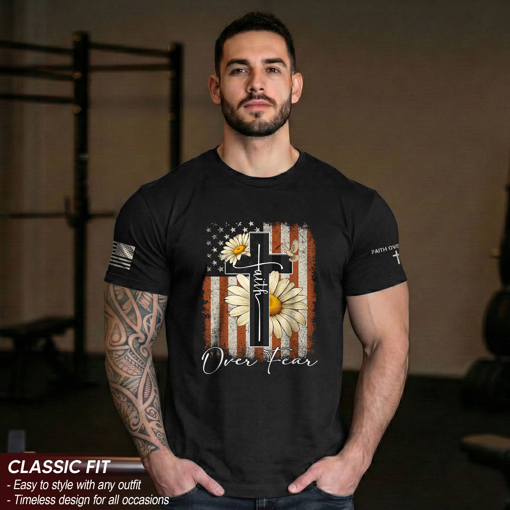 Faith Over Fear Shirt – Daisy Cross USA Flag Christian Tee