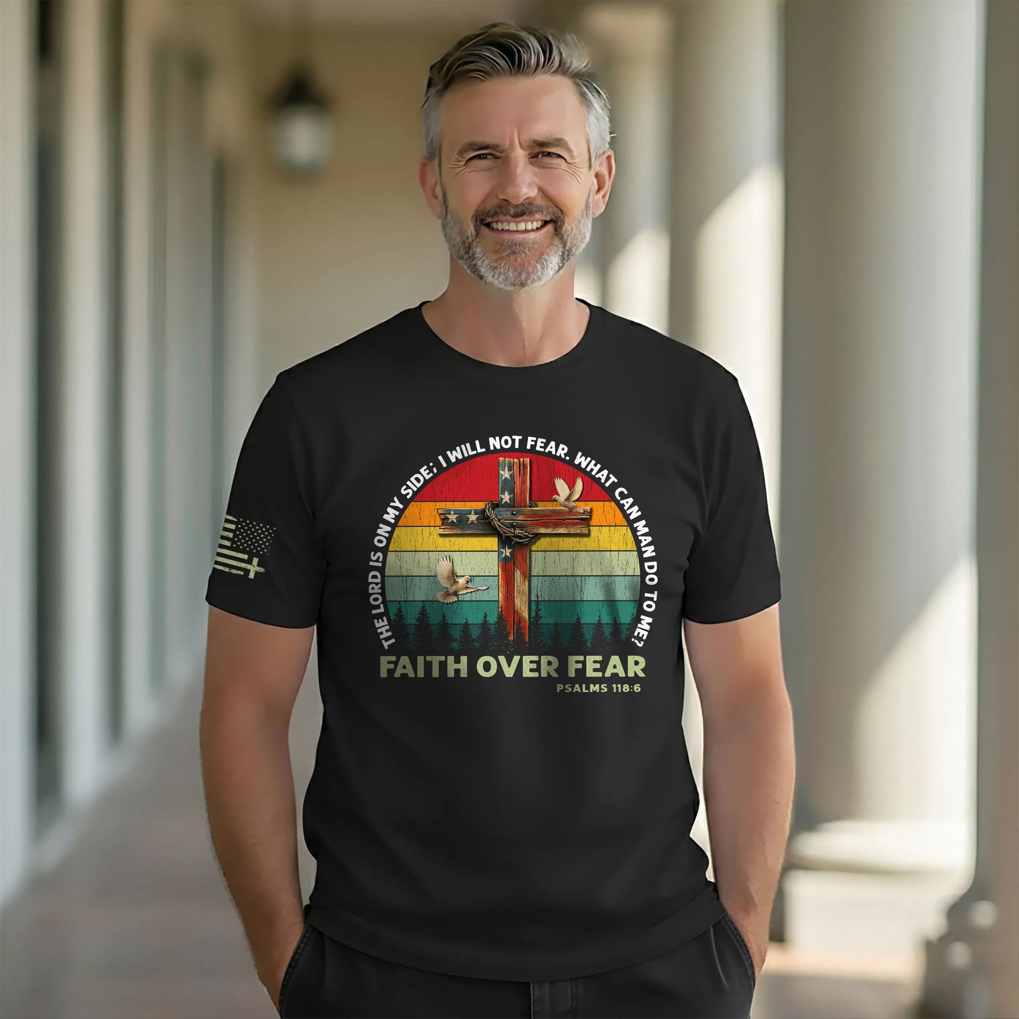 Faith Over Fear Shirt Psalm 118:6 Cross & Flag Christian Vintage Tee
