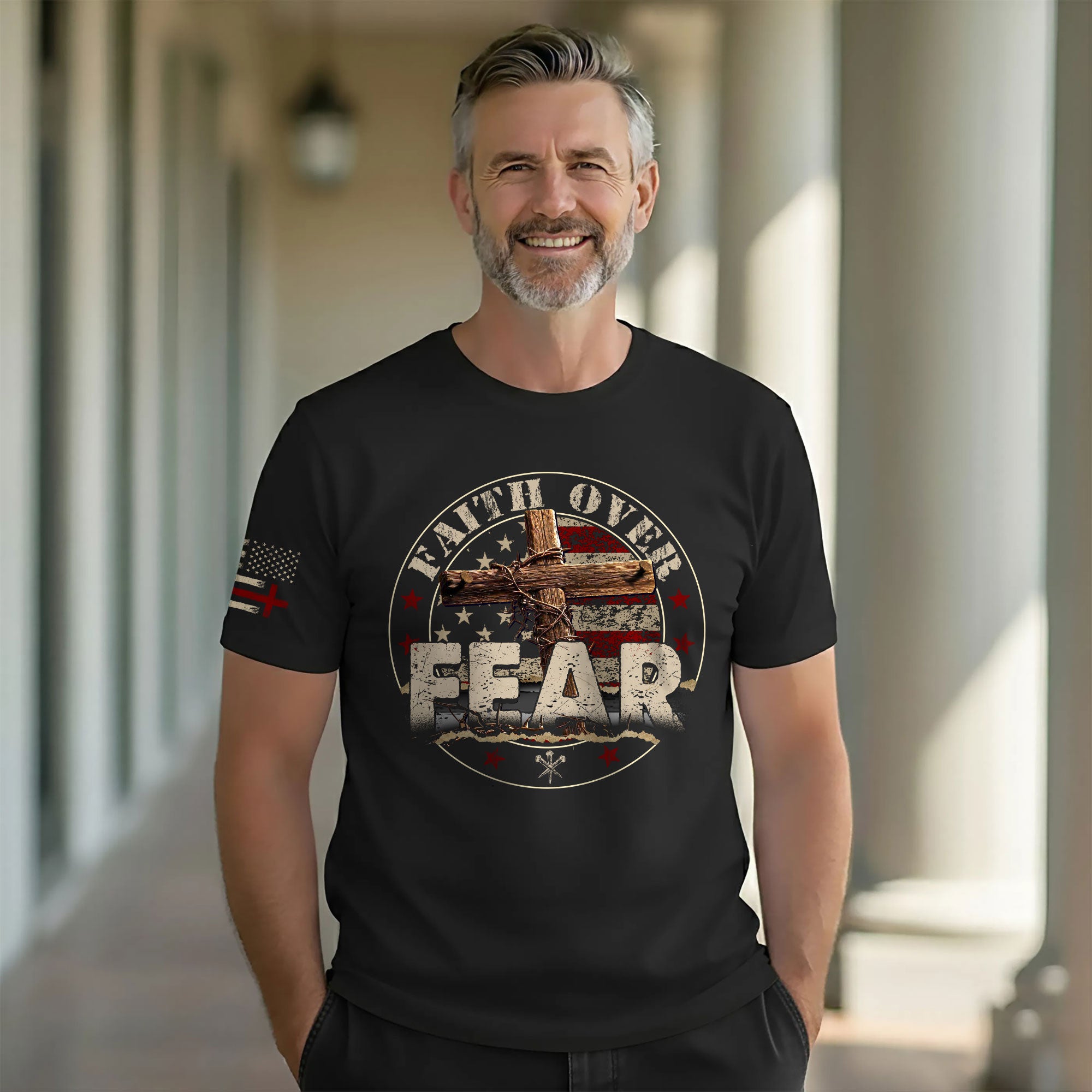 Faith Over Fear T-Shirt – Cross, Courage & American Spirit