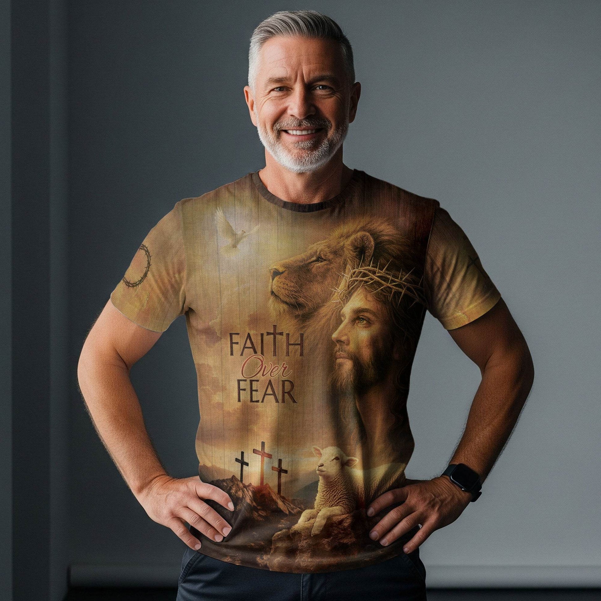 Faith Over Fear Lion, Jesus & Lamb T-Shirt - Rust Field Wear