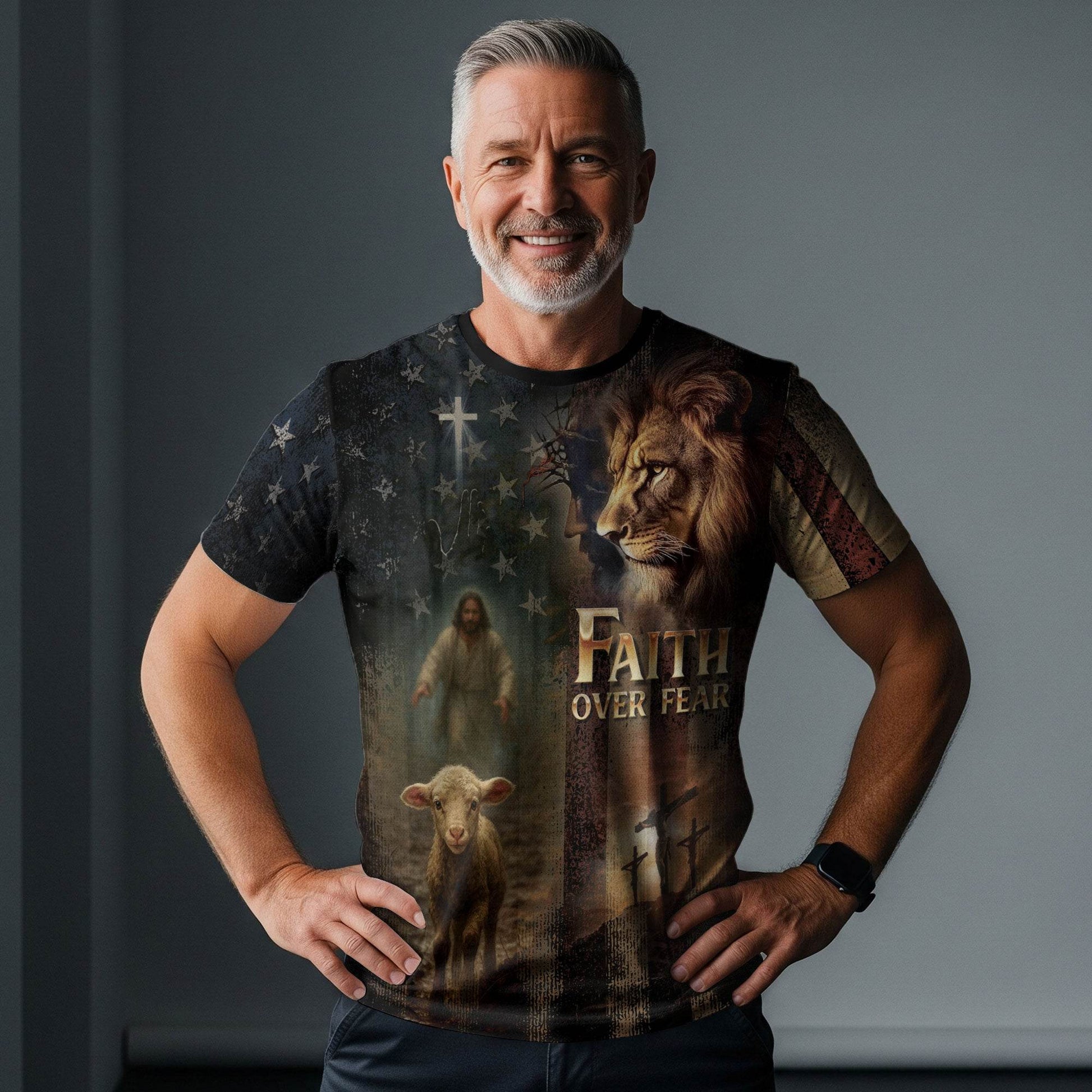 Faith Over Fear Lion & Lamb Christian Cross T-Shirt - Rust Field Wear