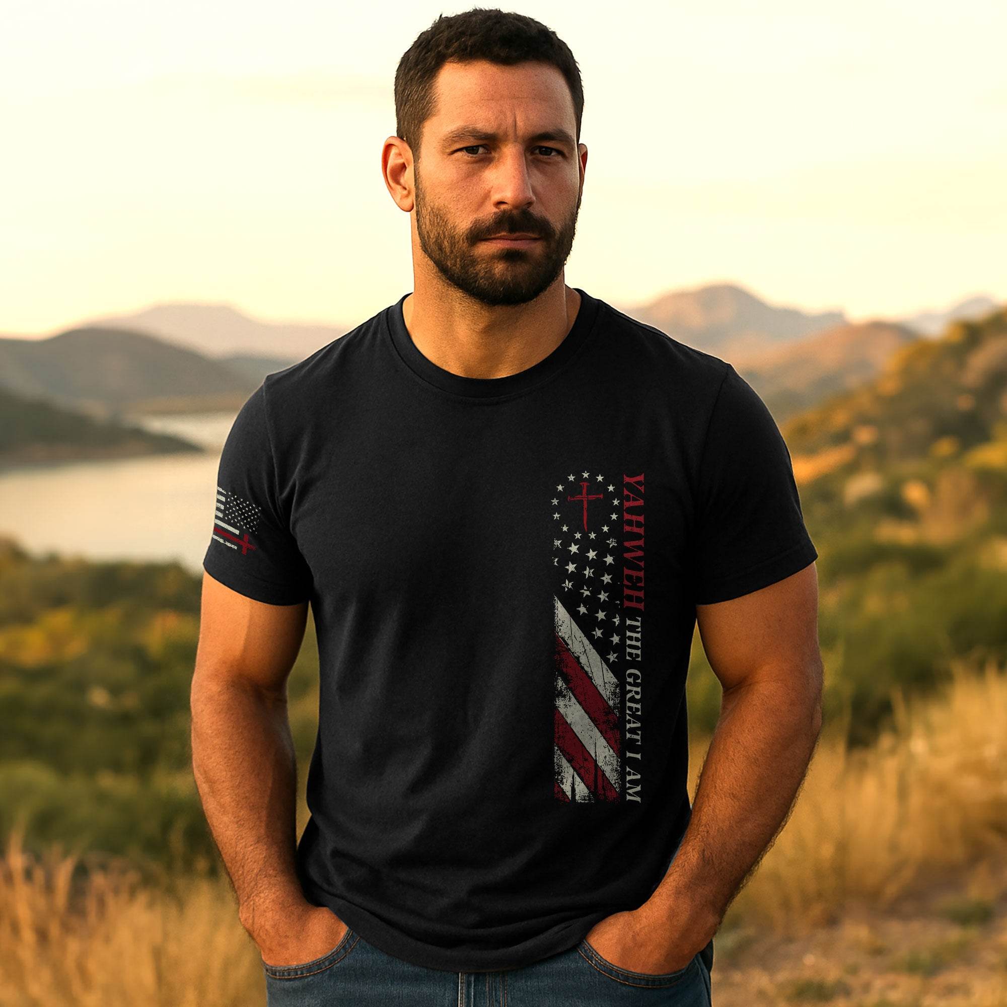 Yahweh The Great I Am | Christian Cross & American Flag Tee - Rust Field Wear