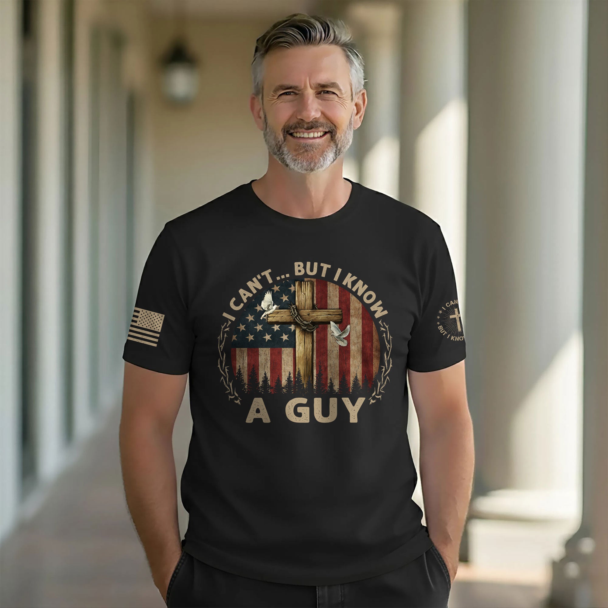 I Can’t… But I Know A Guy | Cross, American Flag & Faith-Based Tee