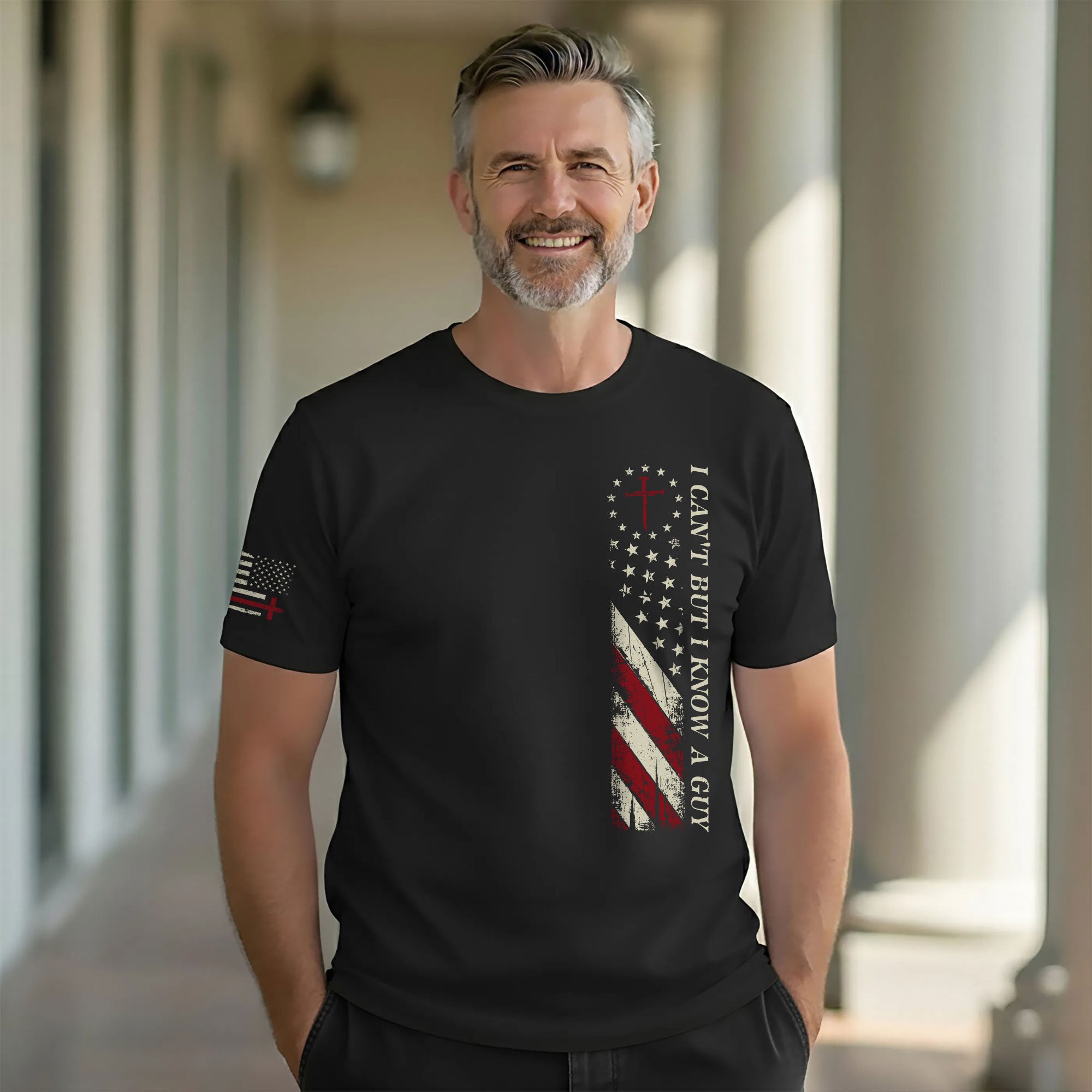 I Can’t But I Know a Guy | Christian Cross & American Flag Tee