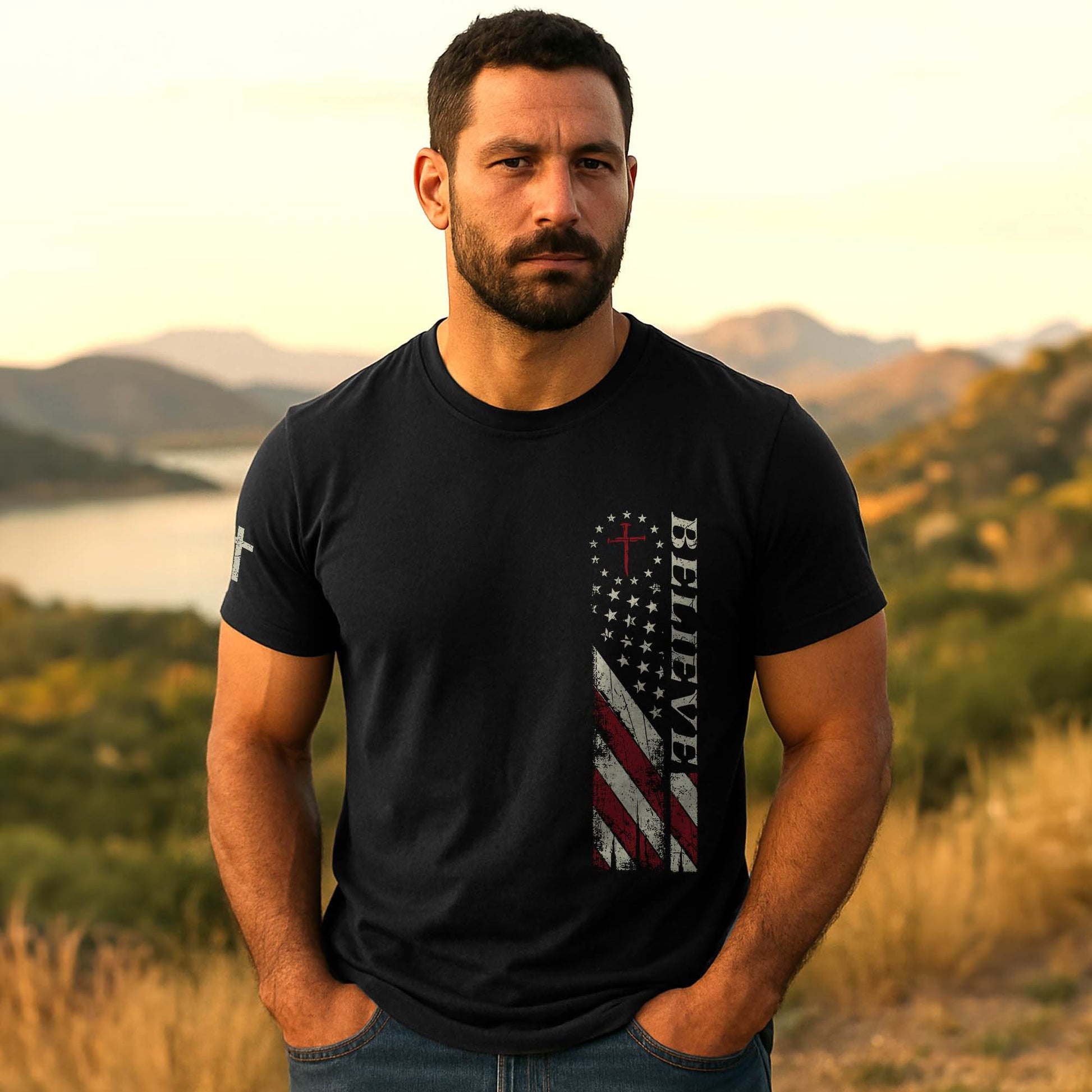 Believe American Flag Cross T-Shirt - Rust Field Wear