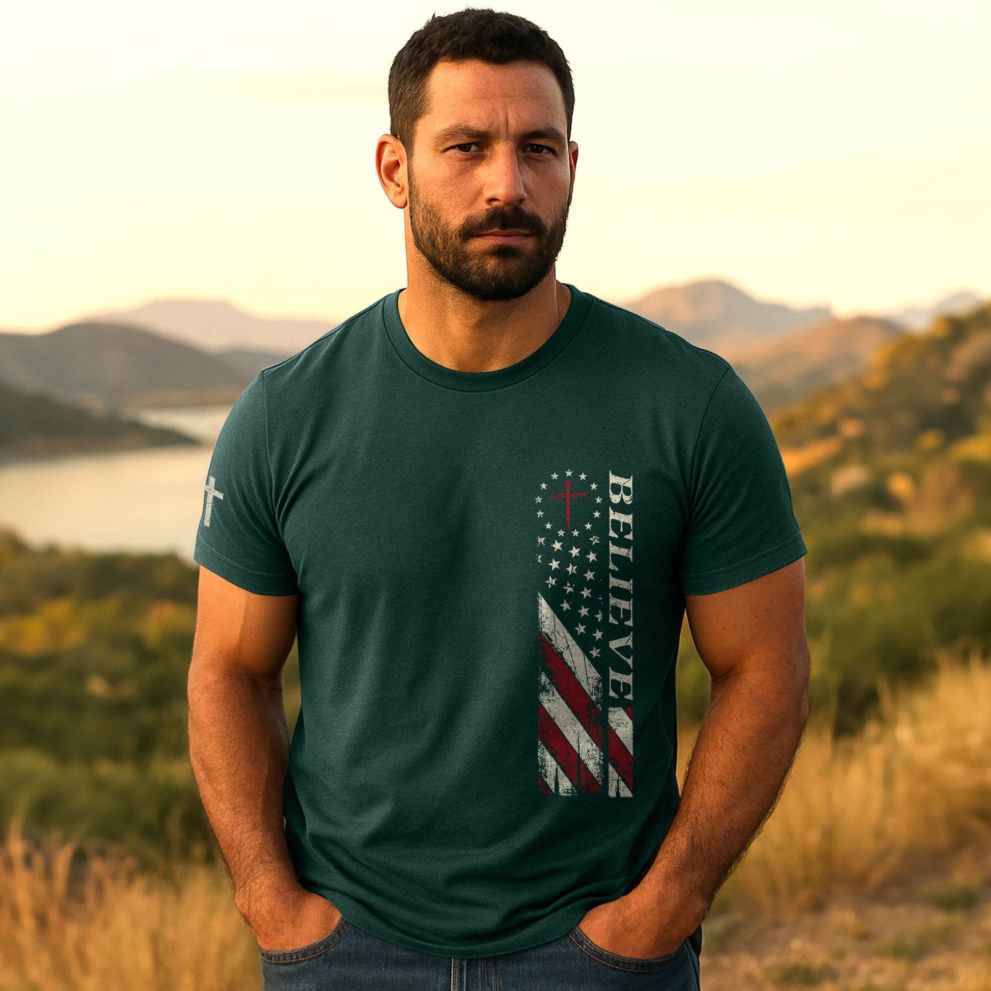 Believe American Flag Cross T-Shirt - Rust Field Wear