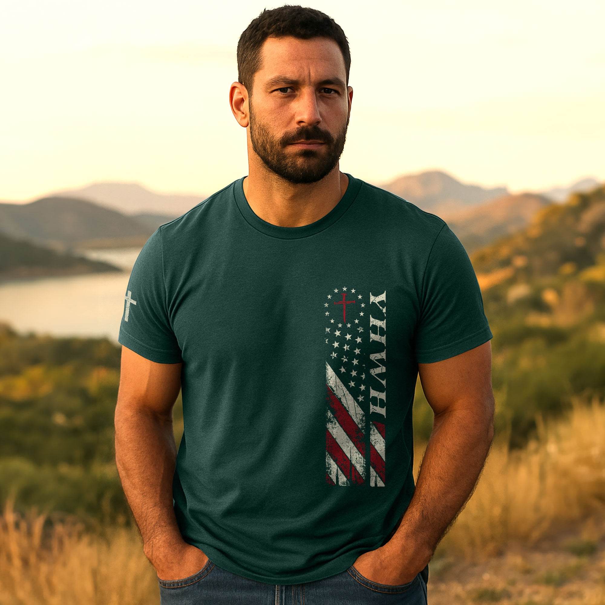 YHWH American Flag Cross Christian T-Shirt – Patriotic Faith Apparel - Rust Field Wear