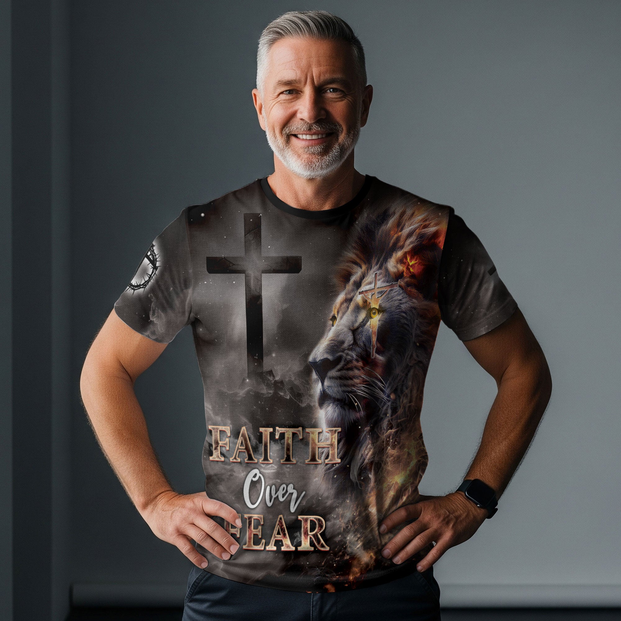 Faith Over Fear T-Shirt – Lion and Cross Full Print Design
