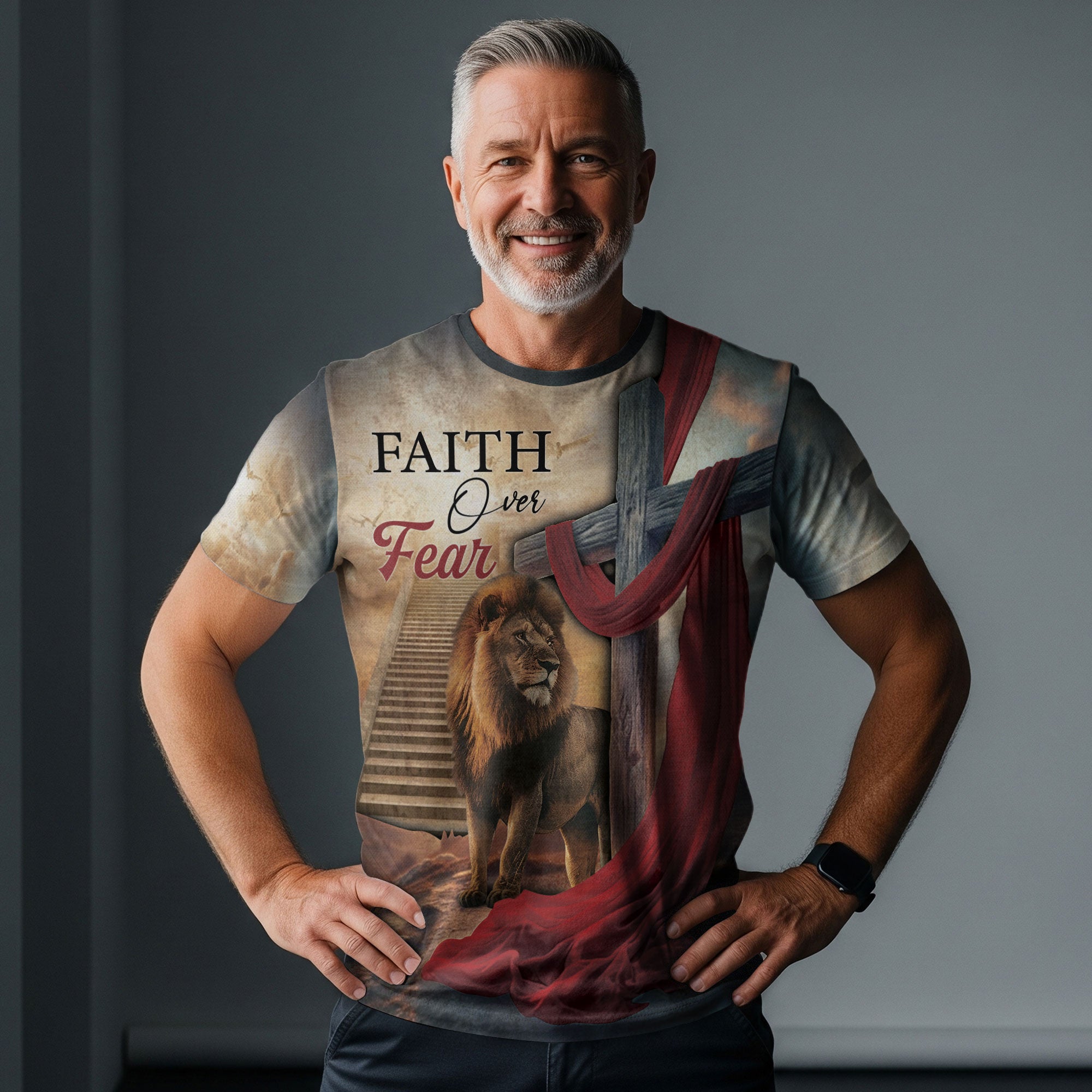 Faith Over Fear with Cross and Lion Draped in Red Robe – Christian T-Shirt