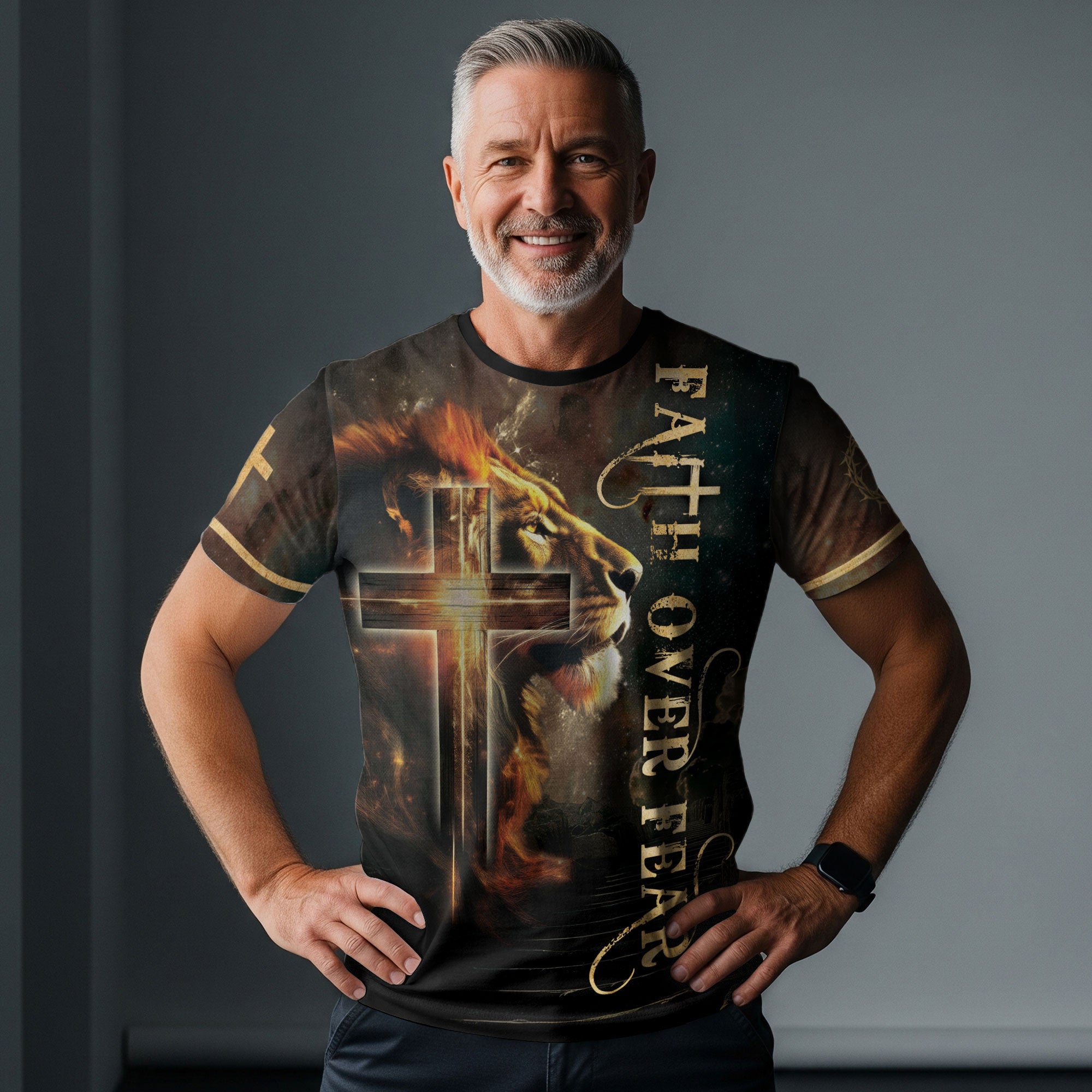 Faith Over Fear with Fiery Lion & Glowing Cross – Christian T-Shirt