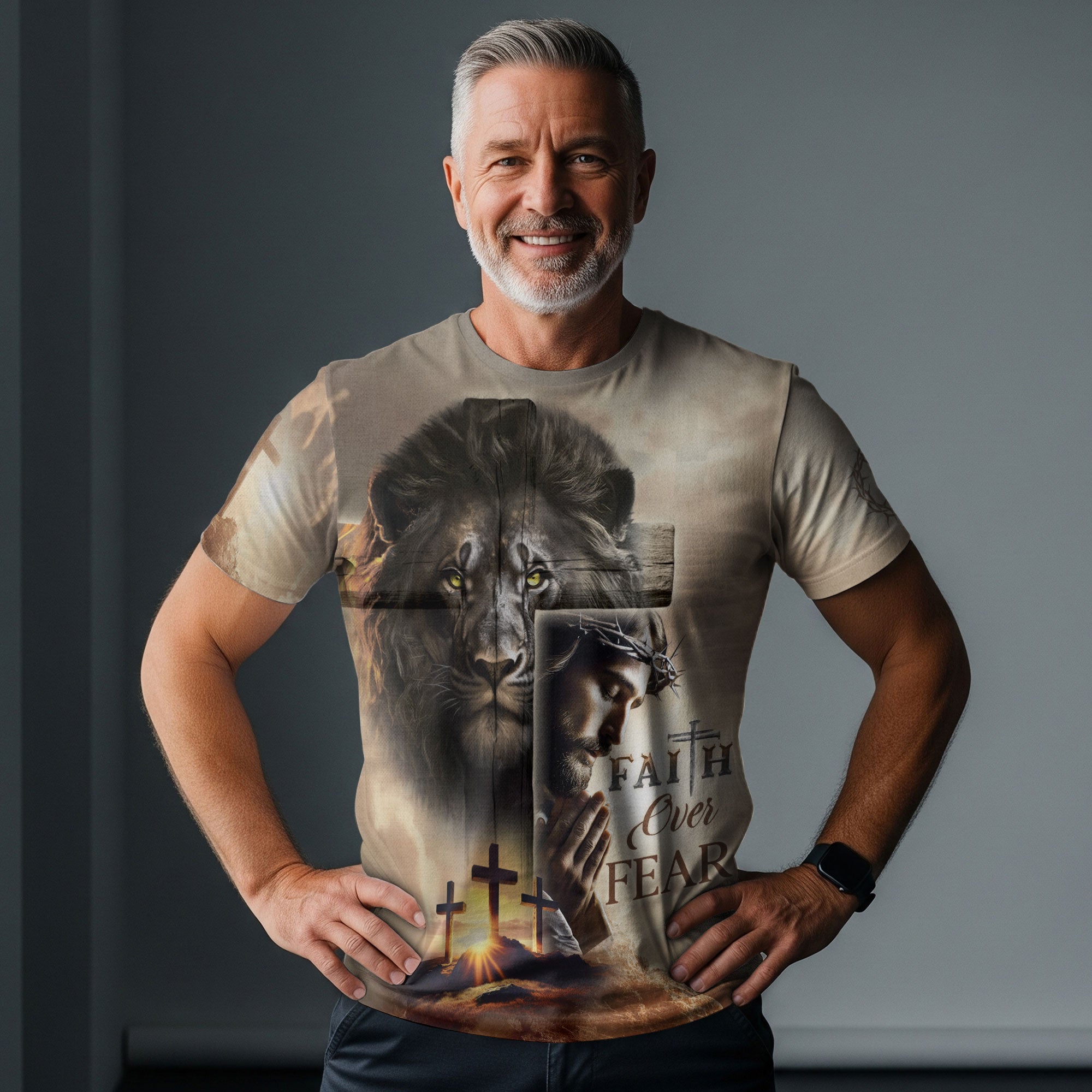 Faith Over Fear - Blood-Stained Cross & Risen Lion T-Shirt