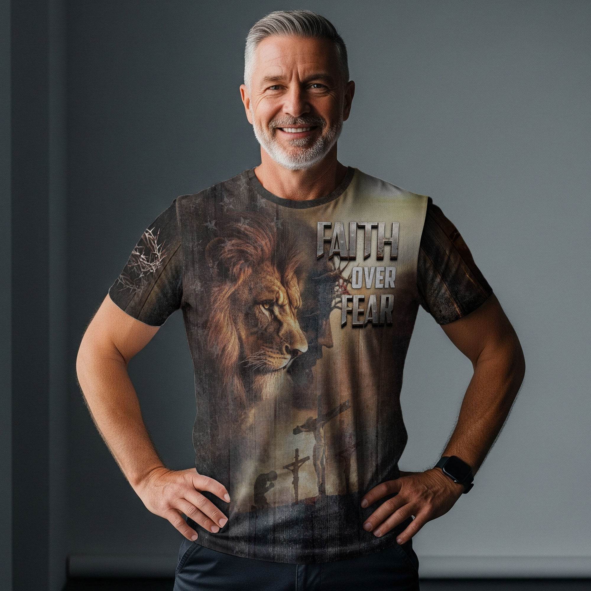 Faith Over Fear Lion & Cross Patriotic T-Shirt - Rust Field Wear