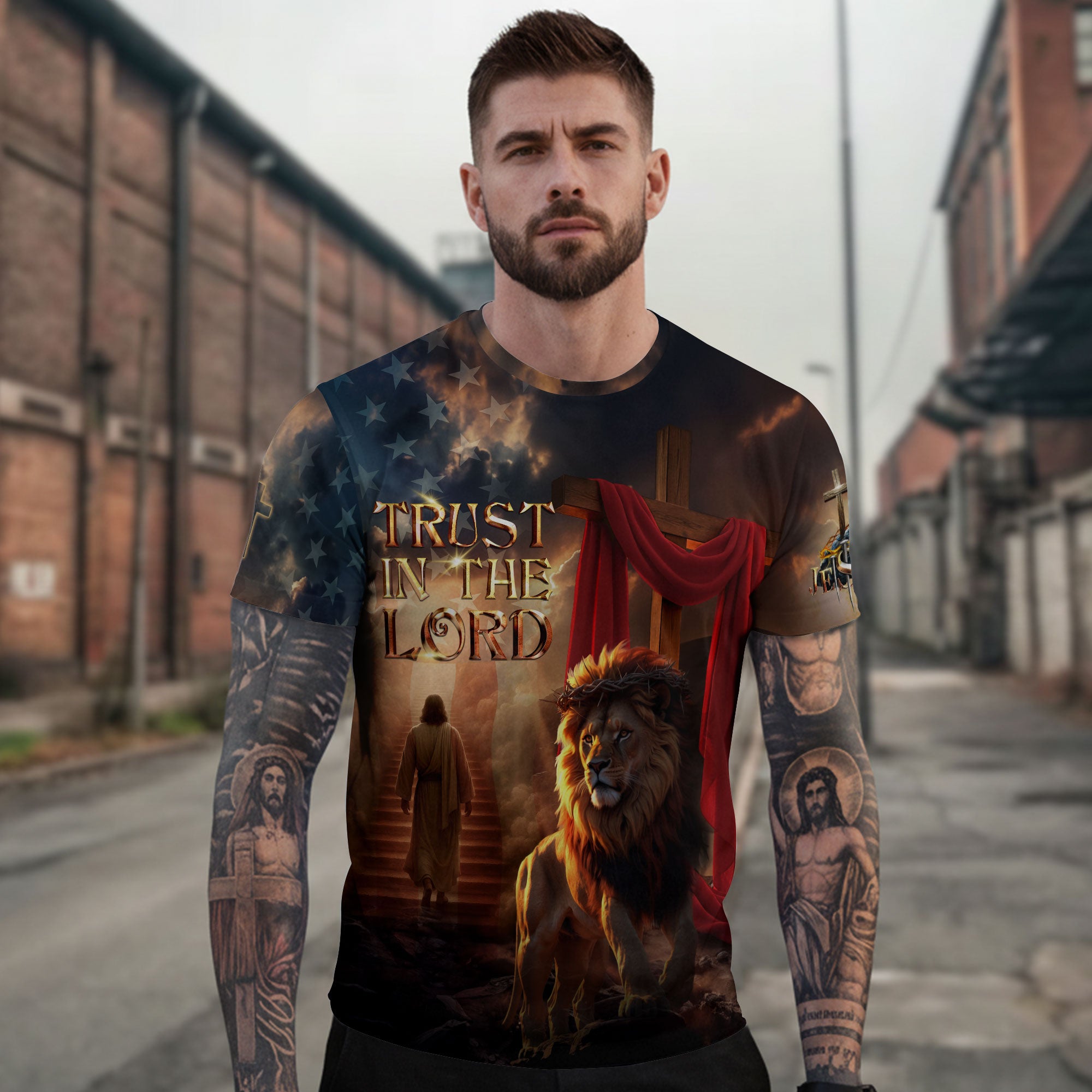 Trust In The Lord Lion and Lamb Cross Christian Faith T-Shirt