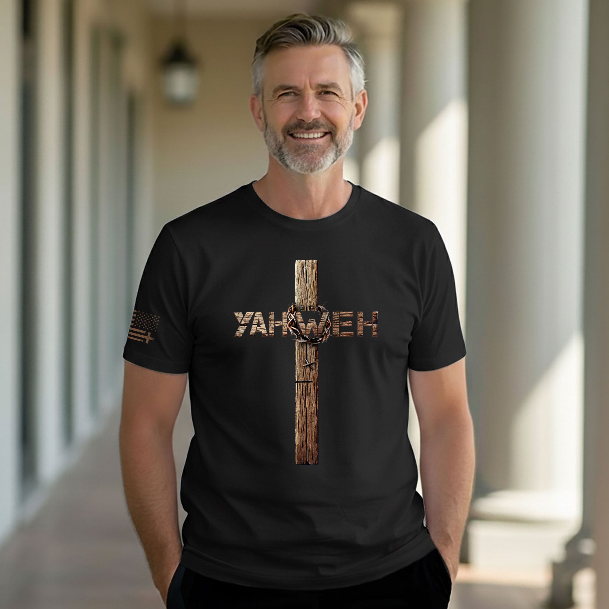 Yahweh Crown of Thorns Wooden Cross Christian T-Shirt