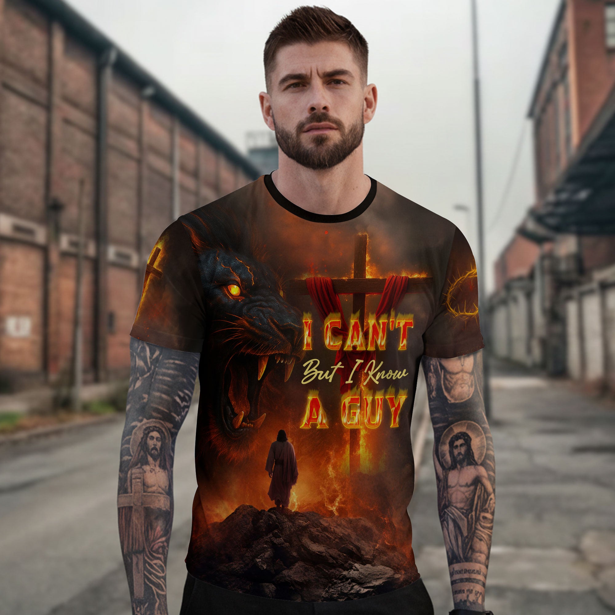 I Can’t But I Know A Guy Fiery Cross Lion of Judah Christian Faith T-Shirt