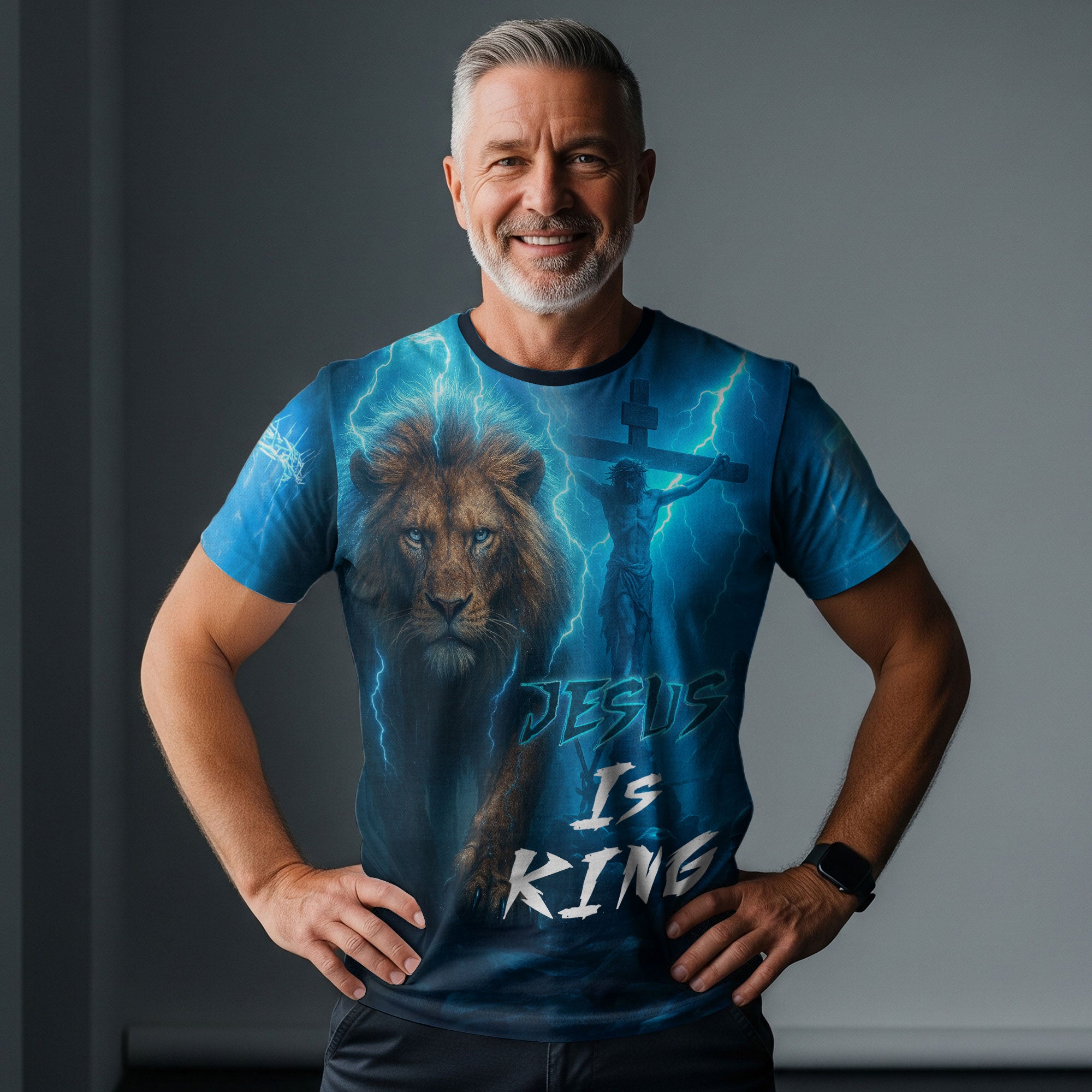 Jesus Is King Lightning Lion Cross Christian T-Shirt