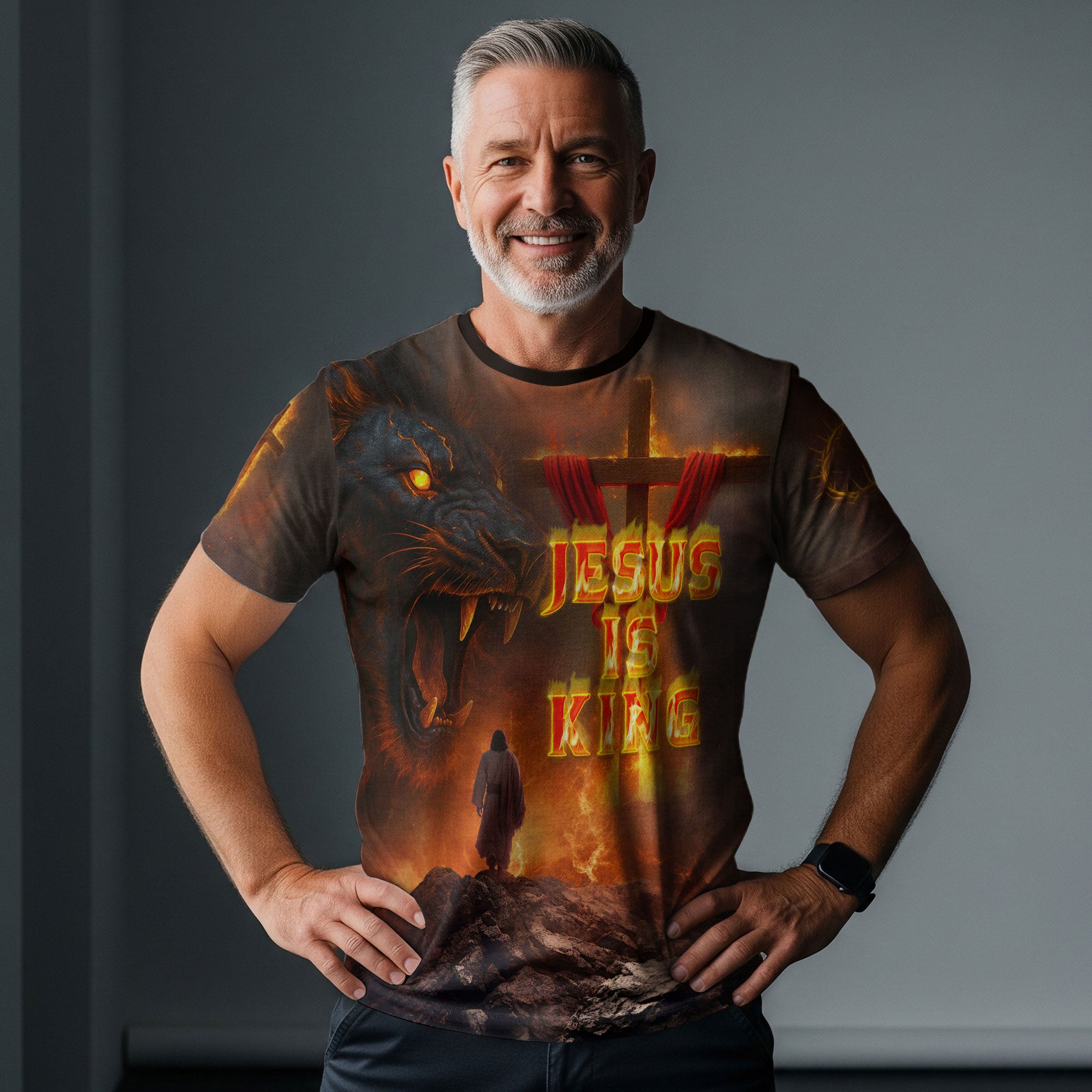 Jesus Is King With Fiery Lion And Cross T-Shirt