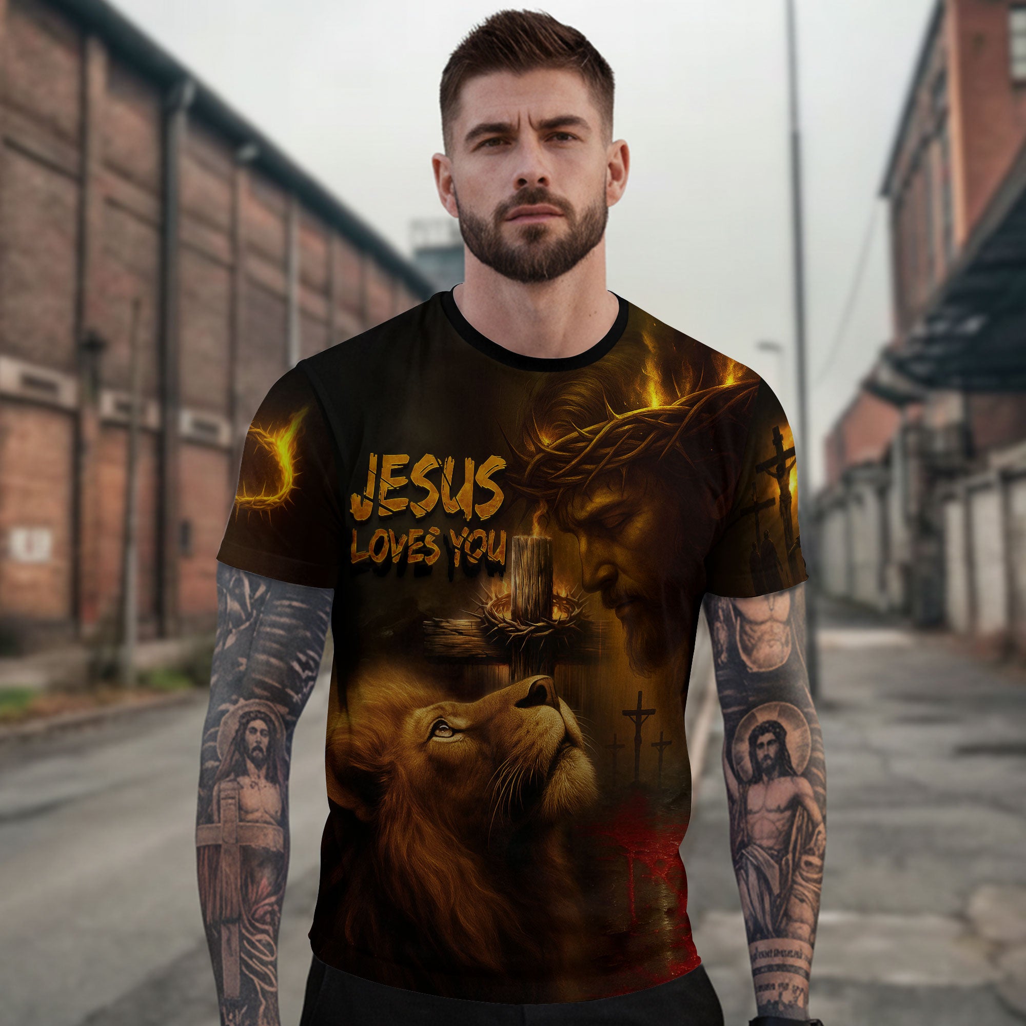 Jesus Loves You Fire of Faith Lion Christian T-Shirt