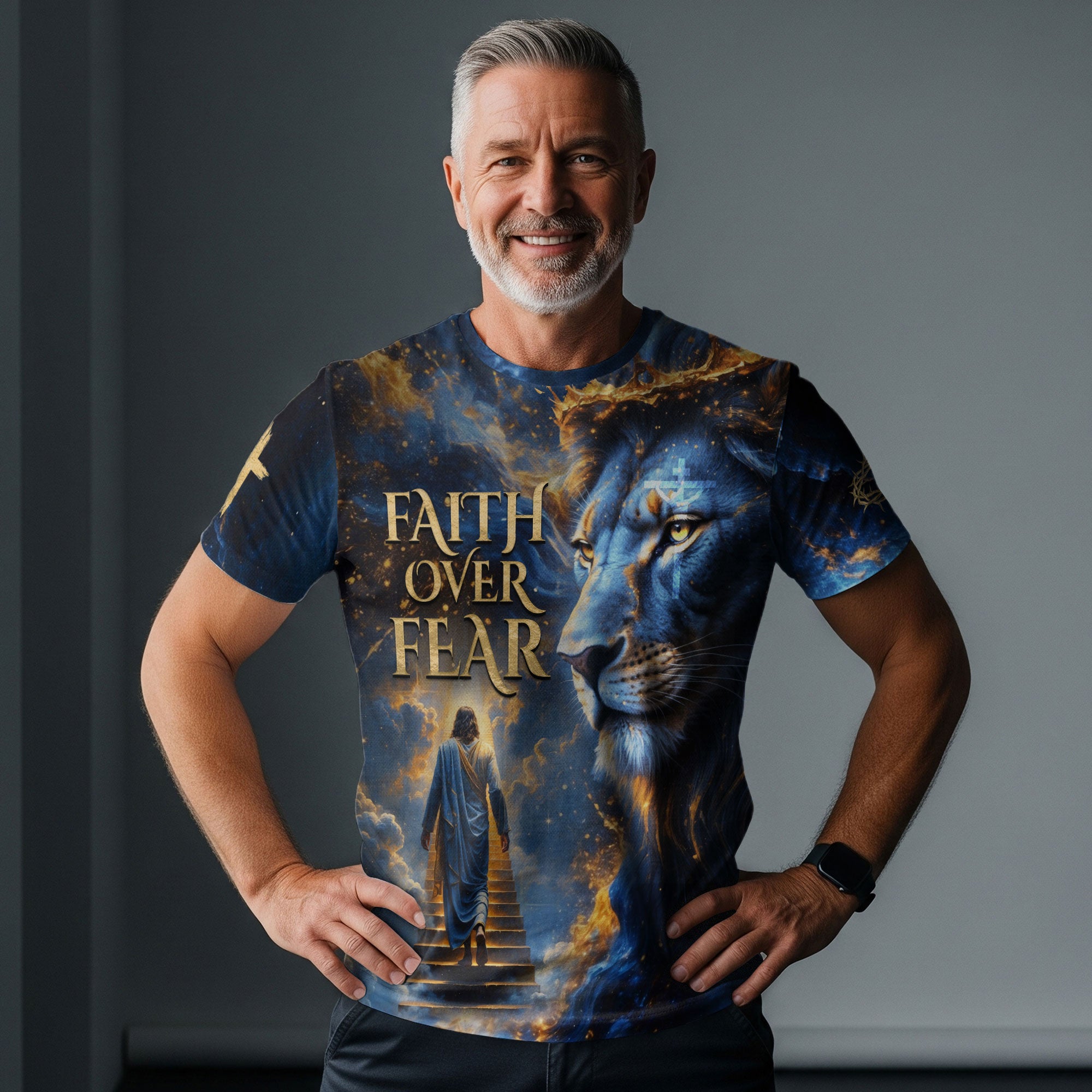 Faith Over Fear Blue Lion & Jesus Ascending Stairs Christian T-Shirt
