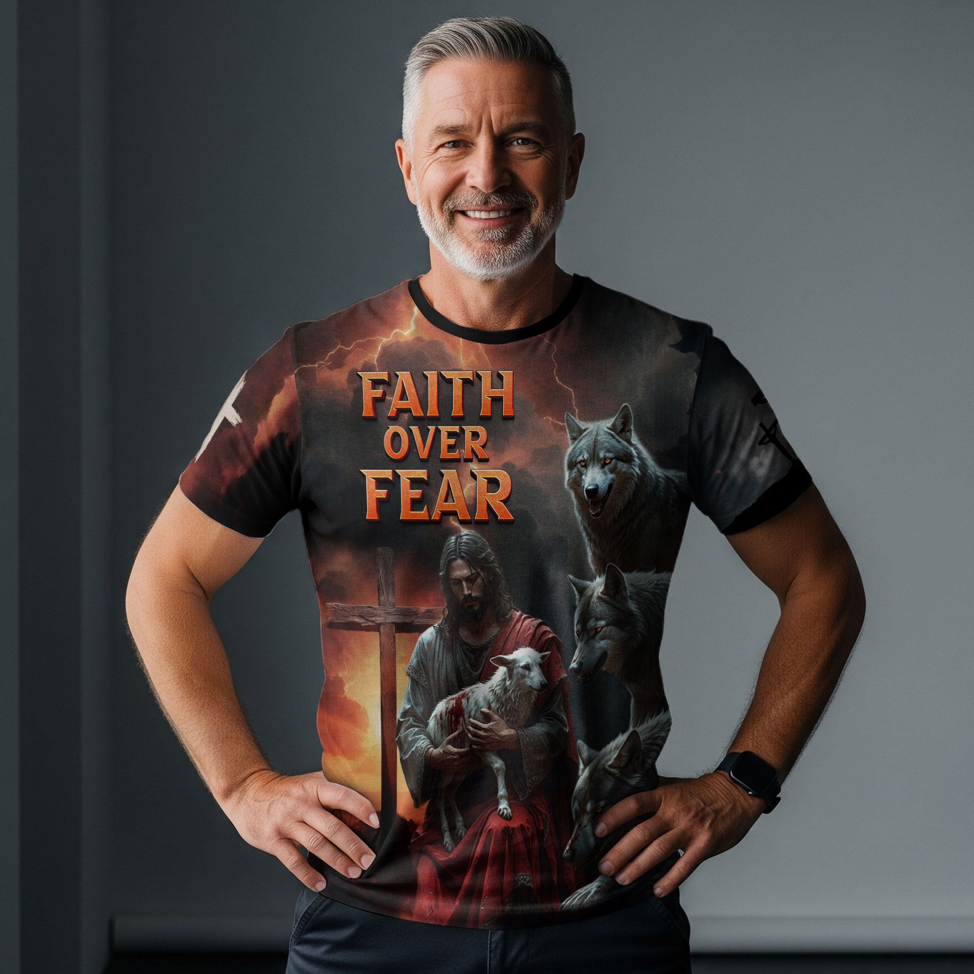 Faith Over Fear Jesus Protecting the Lamb Among Wolves Christian T-Shirt