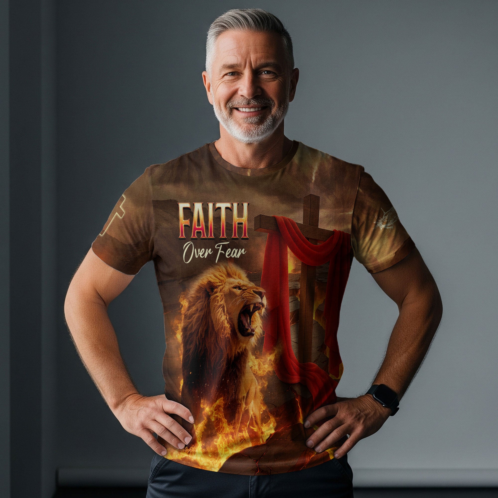 Faith Over Fear Lion & Cross in Flames Christian T-Shirt