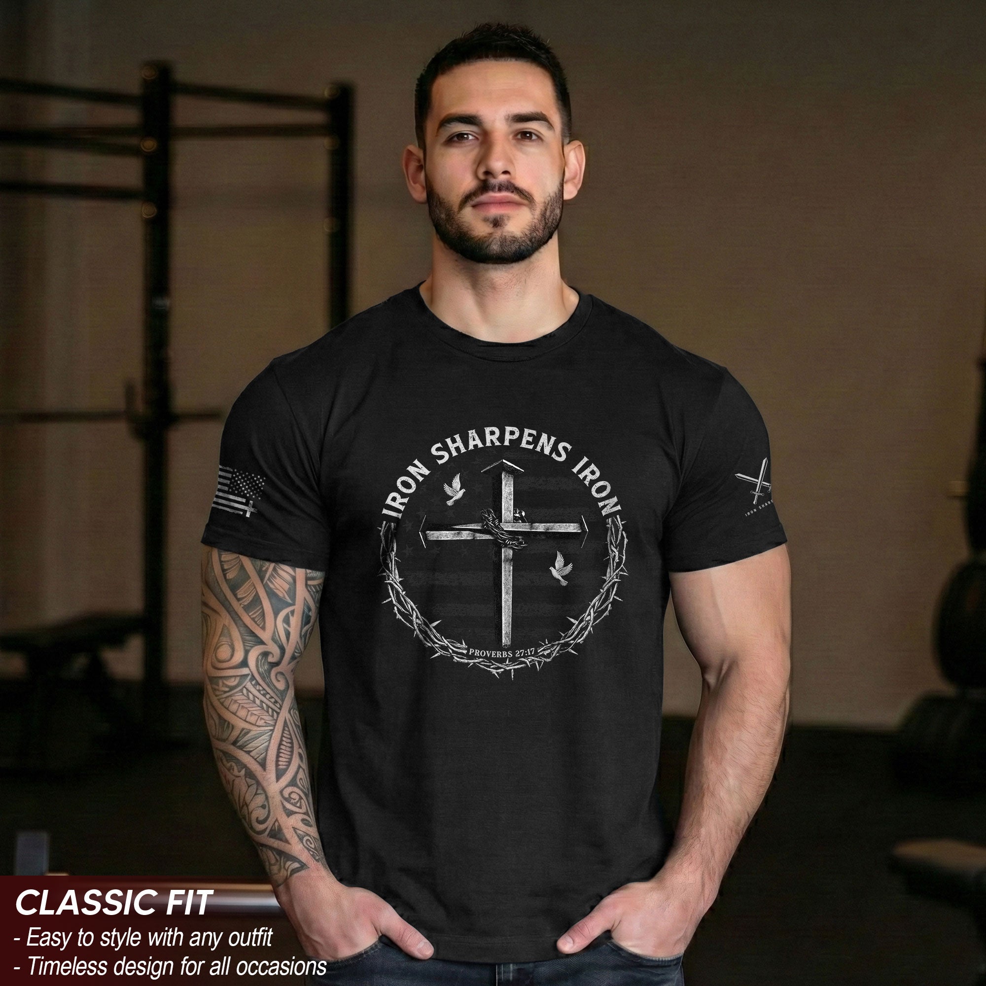 Iron Sharpens Iron Cross Proverbs 27:17 Christian T-Shirt