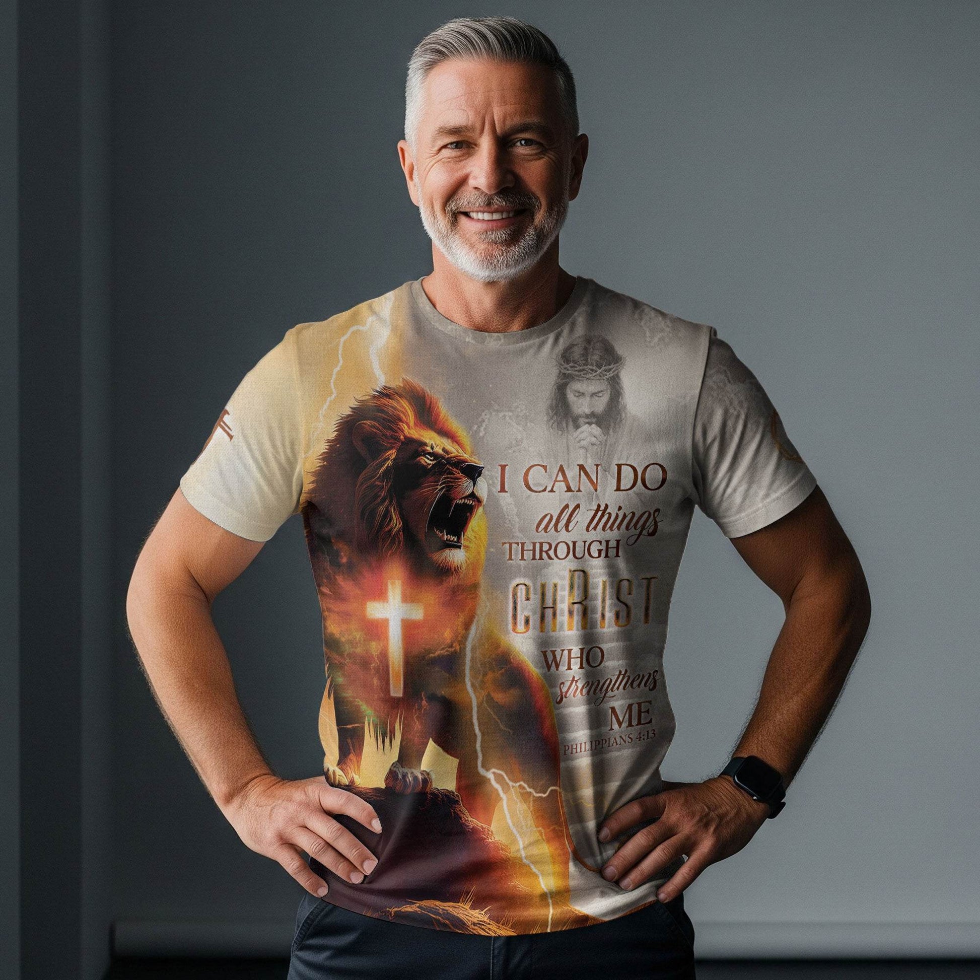 I Can Do All Things Through Christ Lightning Cross & Lion T-Shirt - Rust Field Wear