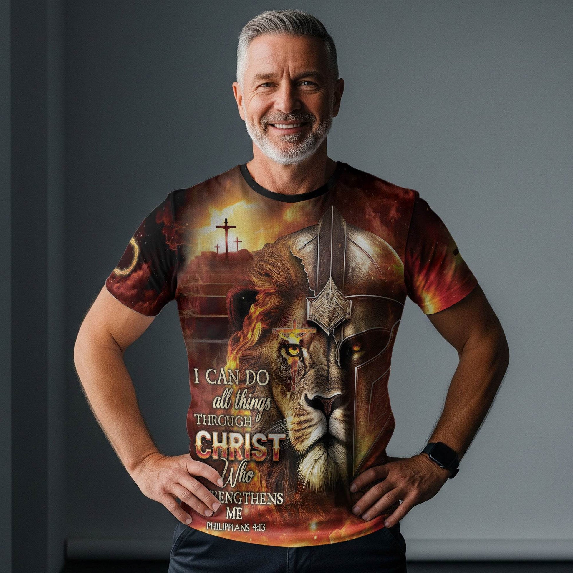 I Can Do All Things Through Christ Lion Warrior Cross T-Shirt - Rust Field Wear