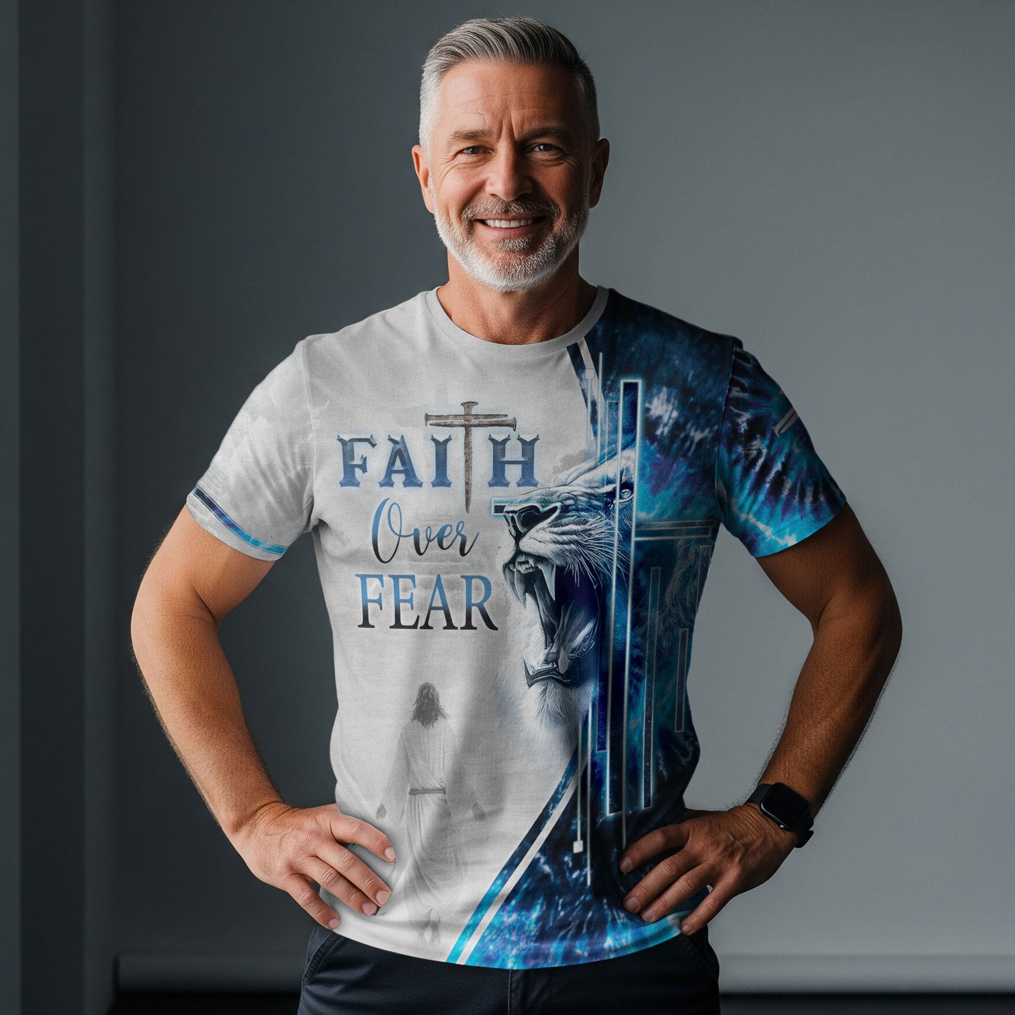 Faith Over Fear Blue Lion & Cross Christian T-Shirt