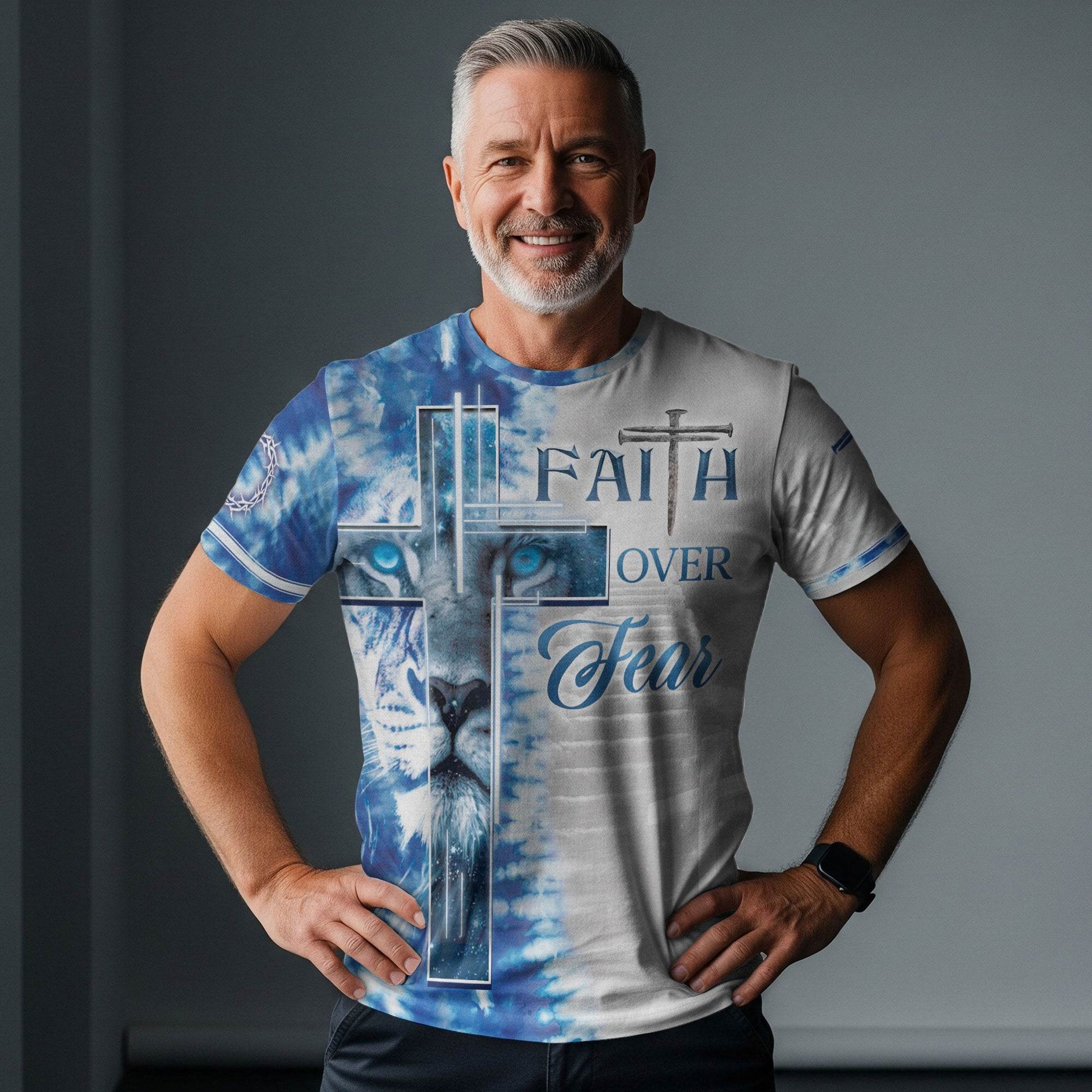 Faith Over Fear Blue Lion Cross Christian T-Shirt - Rust Field Wear