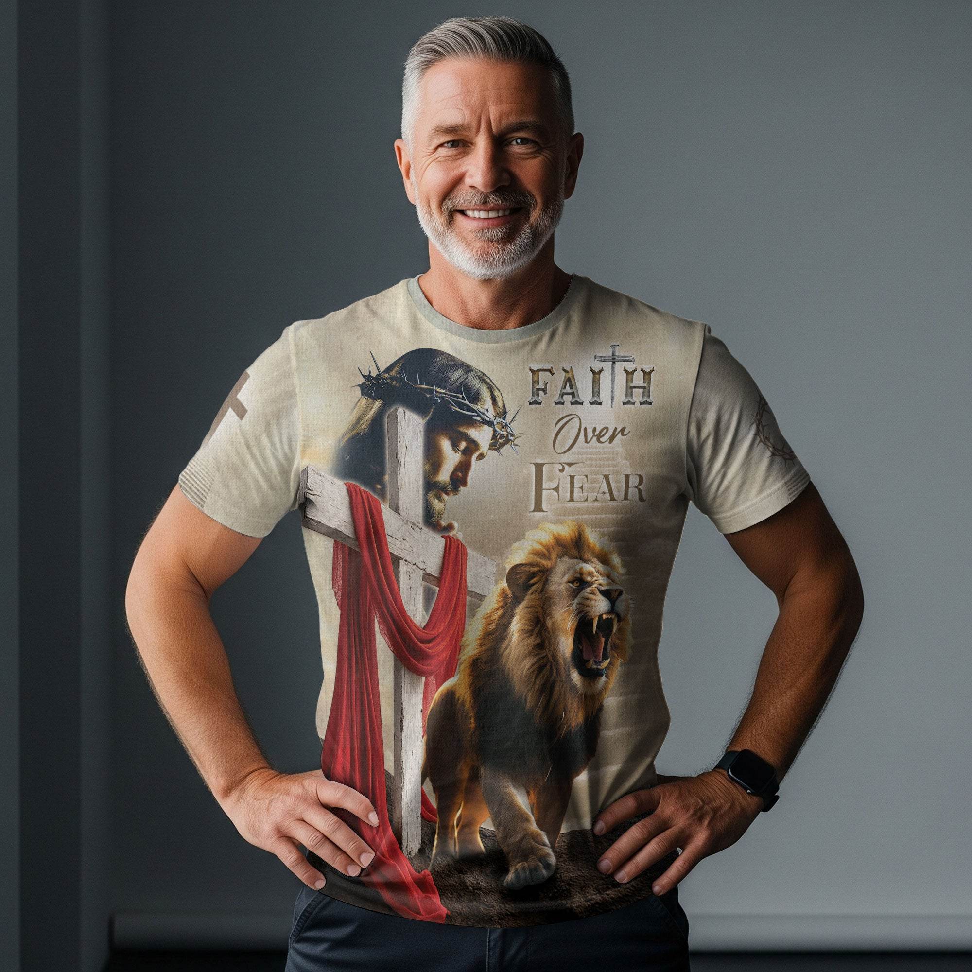 Faith Over Fear Jesus & Lion with Red Drape Christian T-Shirt - Rust Field Wear