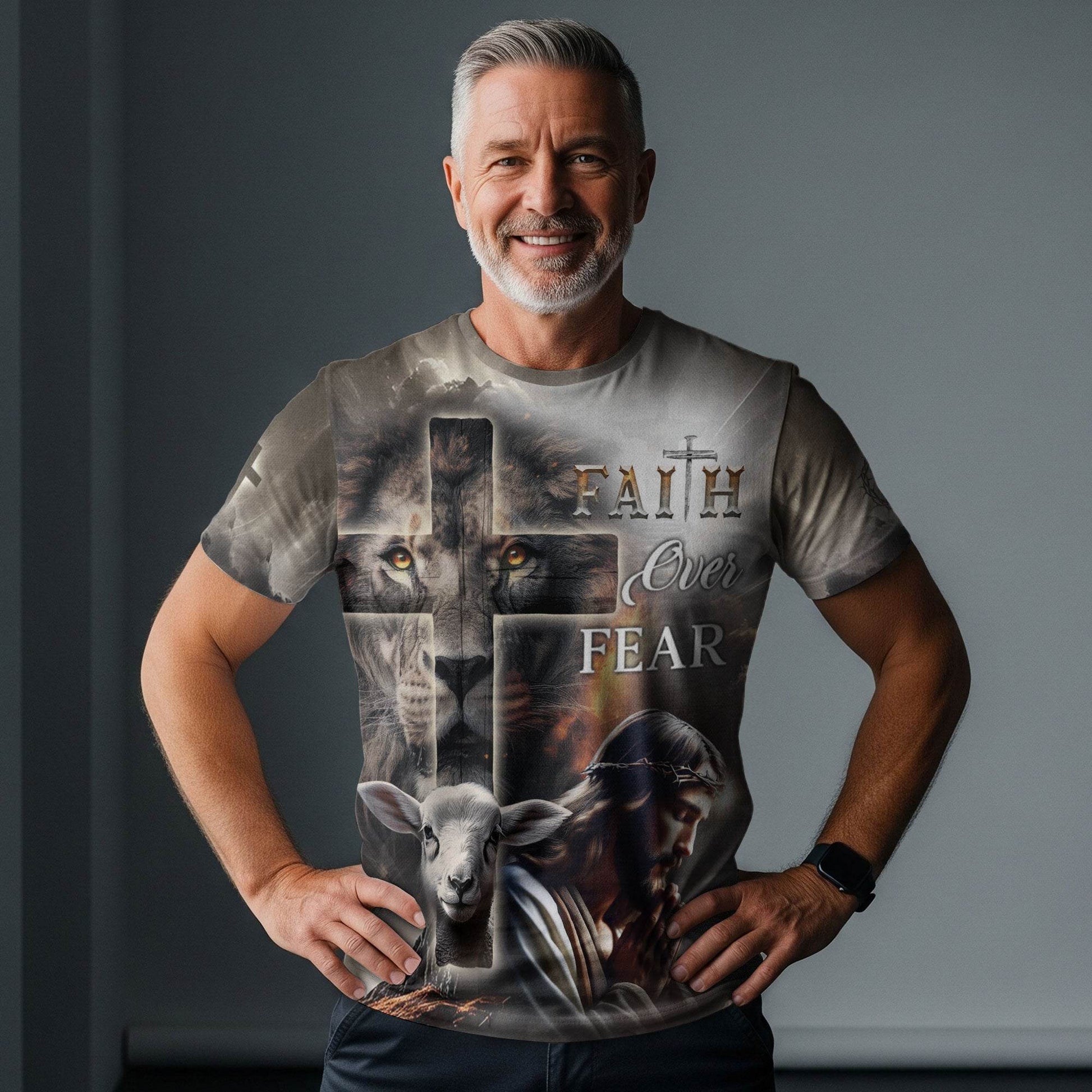 Faith Over Fear Lion Cross & Lamb Christian T-Shirt - Rust Field Wear