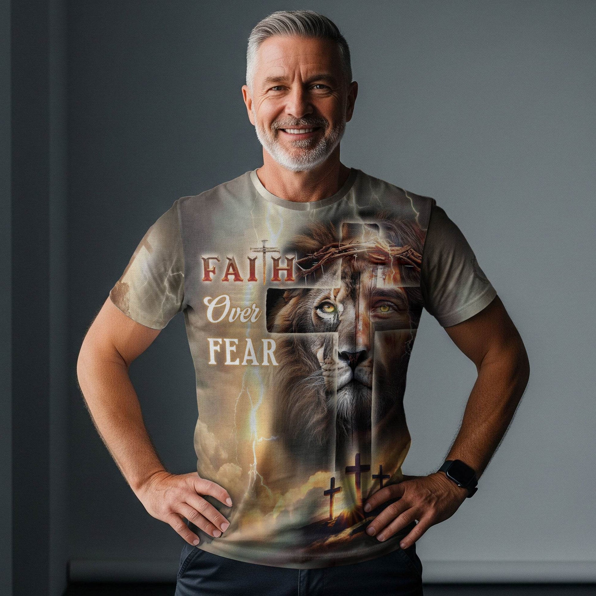Faith Over Fear Lion & Cross Lightning Christian T-Shirt - Rust Field Wear
