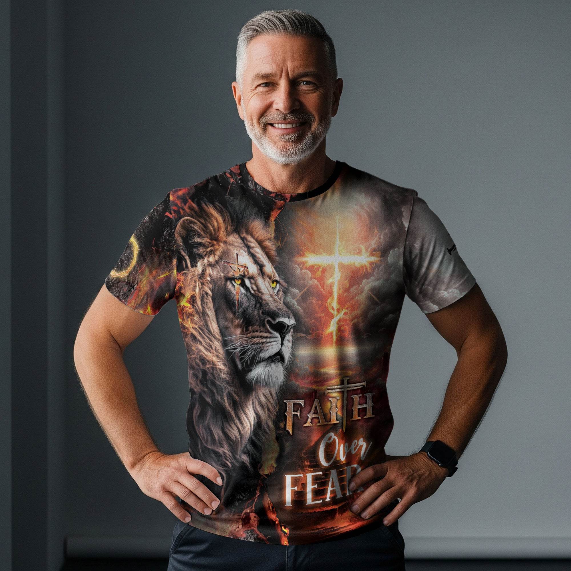 Lion & Fiery Cross Christian T-Shirt – Faith Over Fear Design - Rust Field Wear