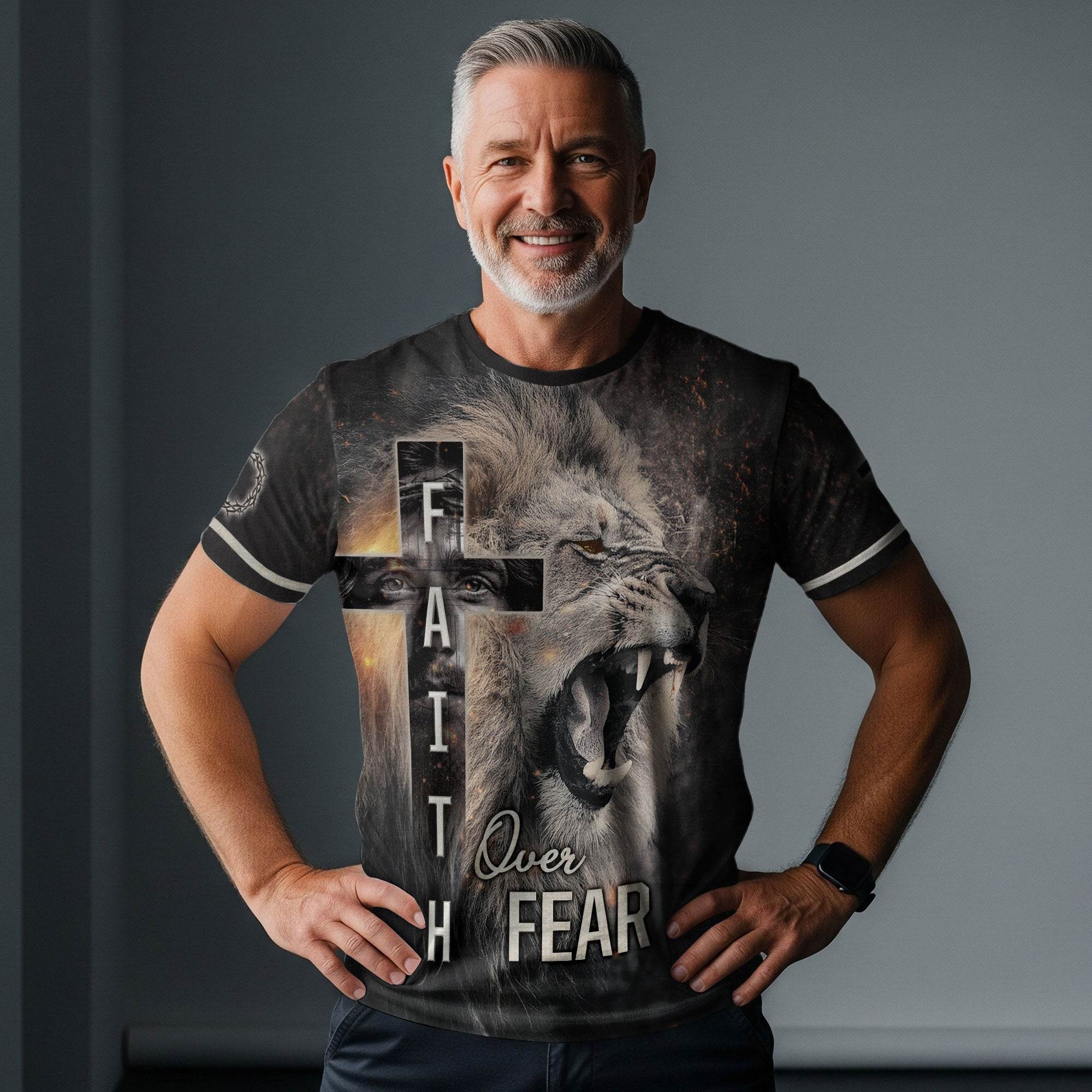 Roaring Lion & Cross Faith Over Fear Christian T-Shirt - Rust Field Wear