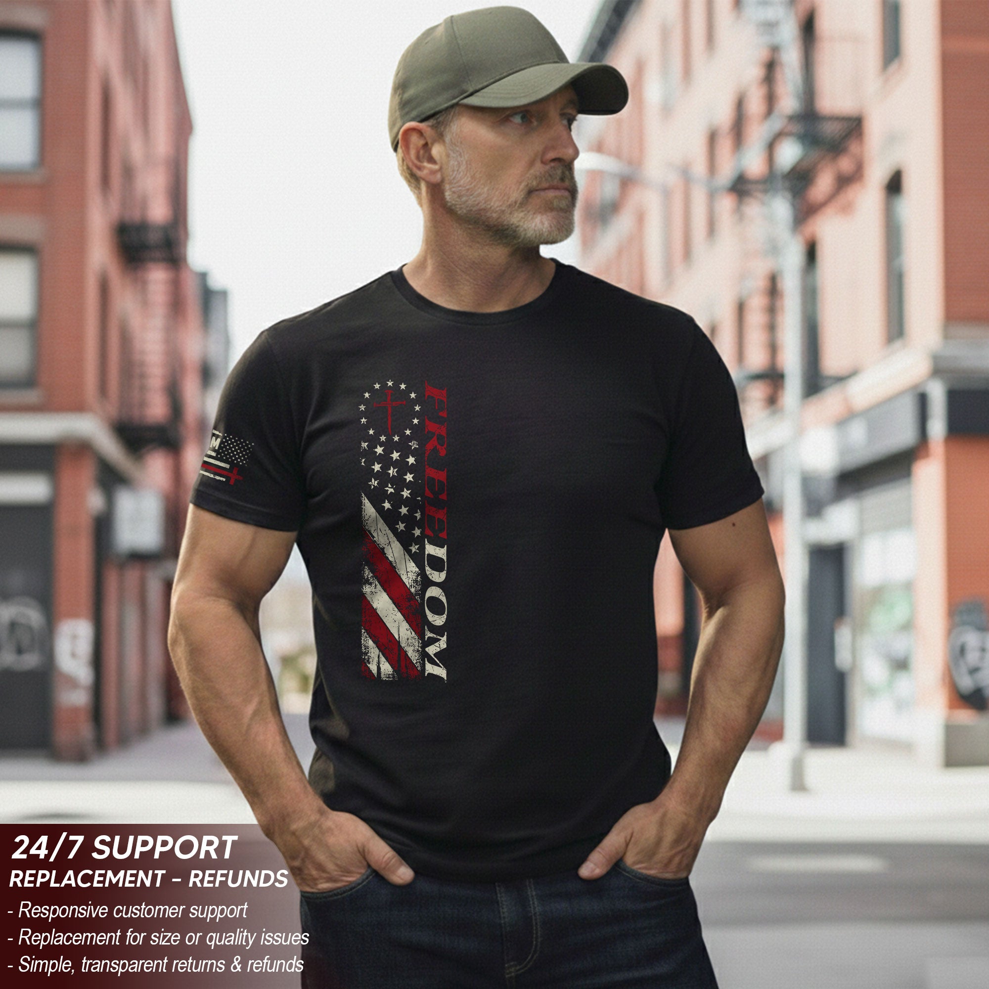 Freedom Memorial Patriotic American Flag & Bold Quote T-Shirt