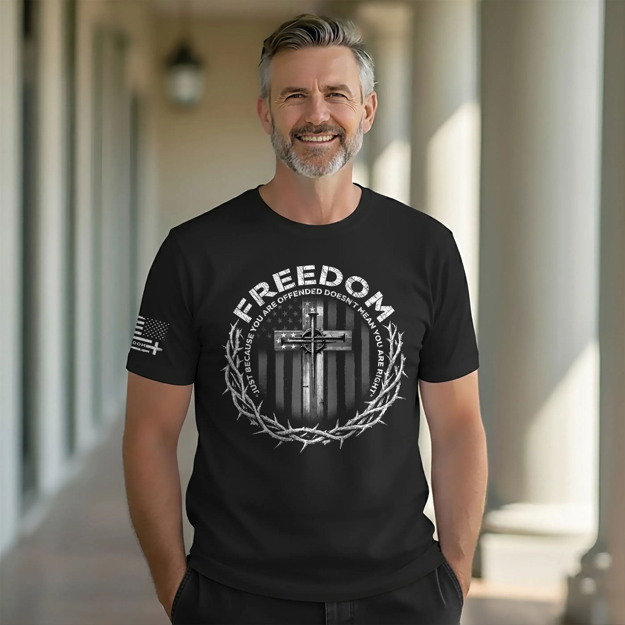 Freedom Memorial American Flag Cross with Crown of Thorns & Quote T-Shirt