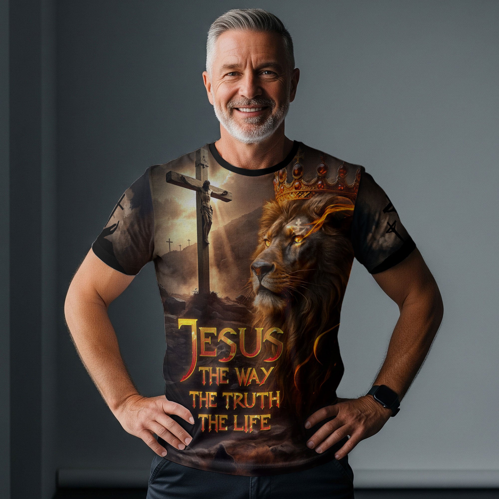 Jesus The Way The Truth The Life Lion of Judah Fire Cross Christian T-Shirt
