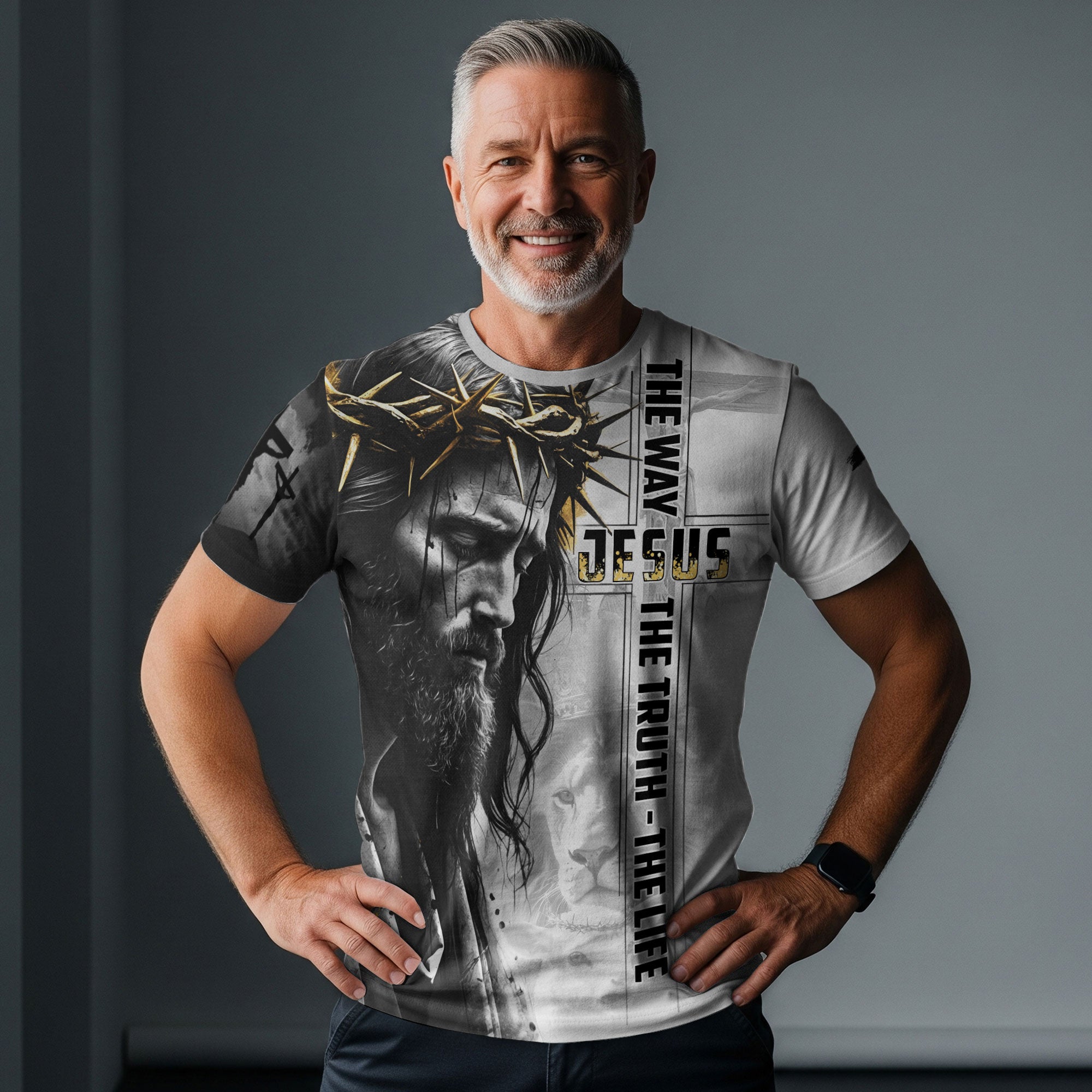 Jesus The Way The Truth The Life Black White Gold Lion Christian T-Shirt