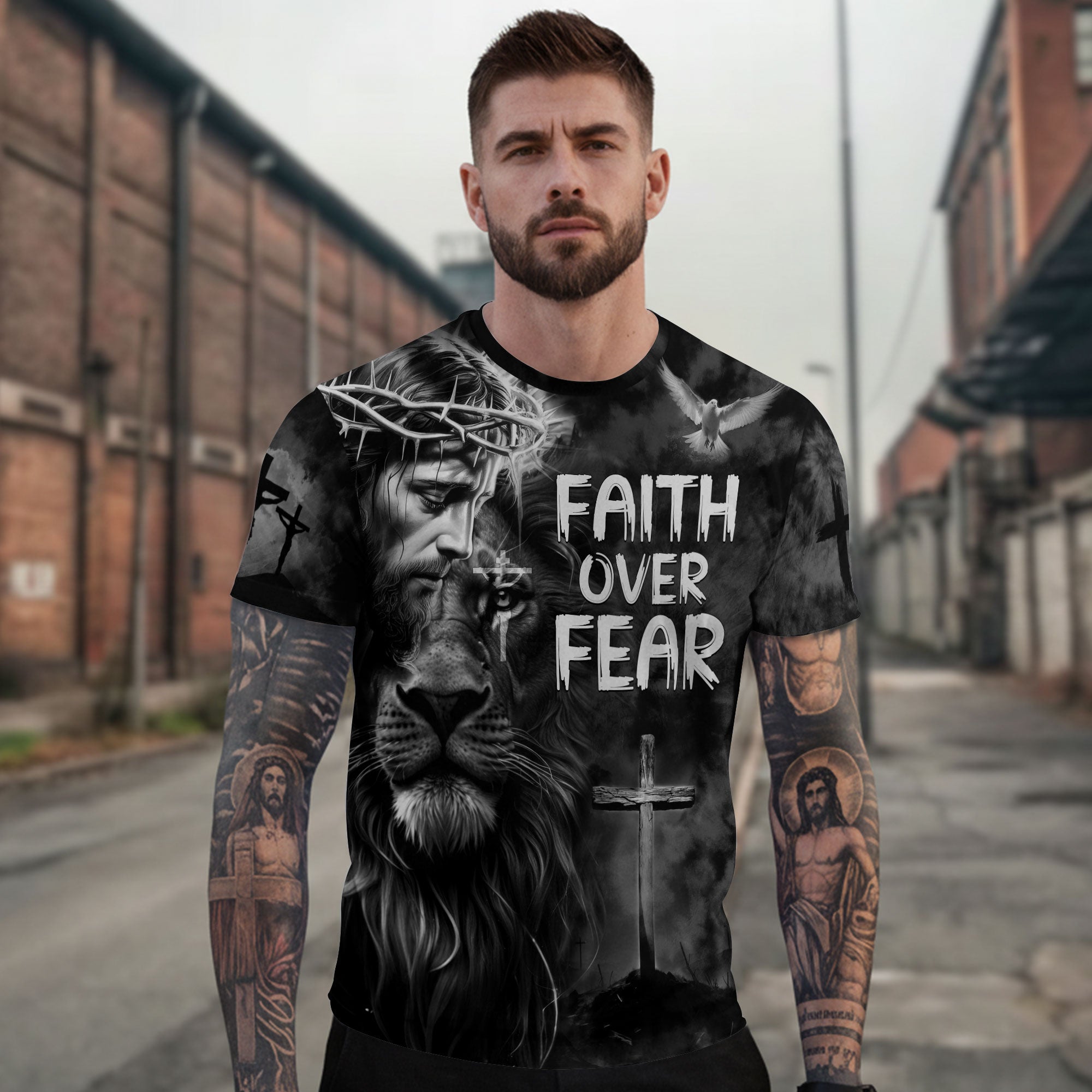 Faith Over Fear Jesus Lion of Judah Cross Christian T-Shirt