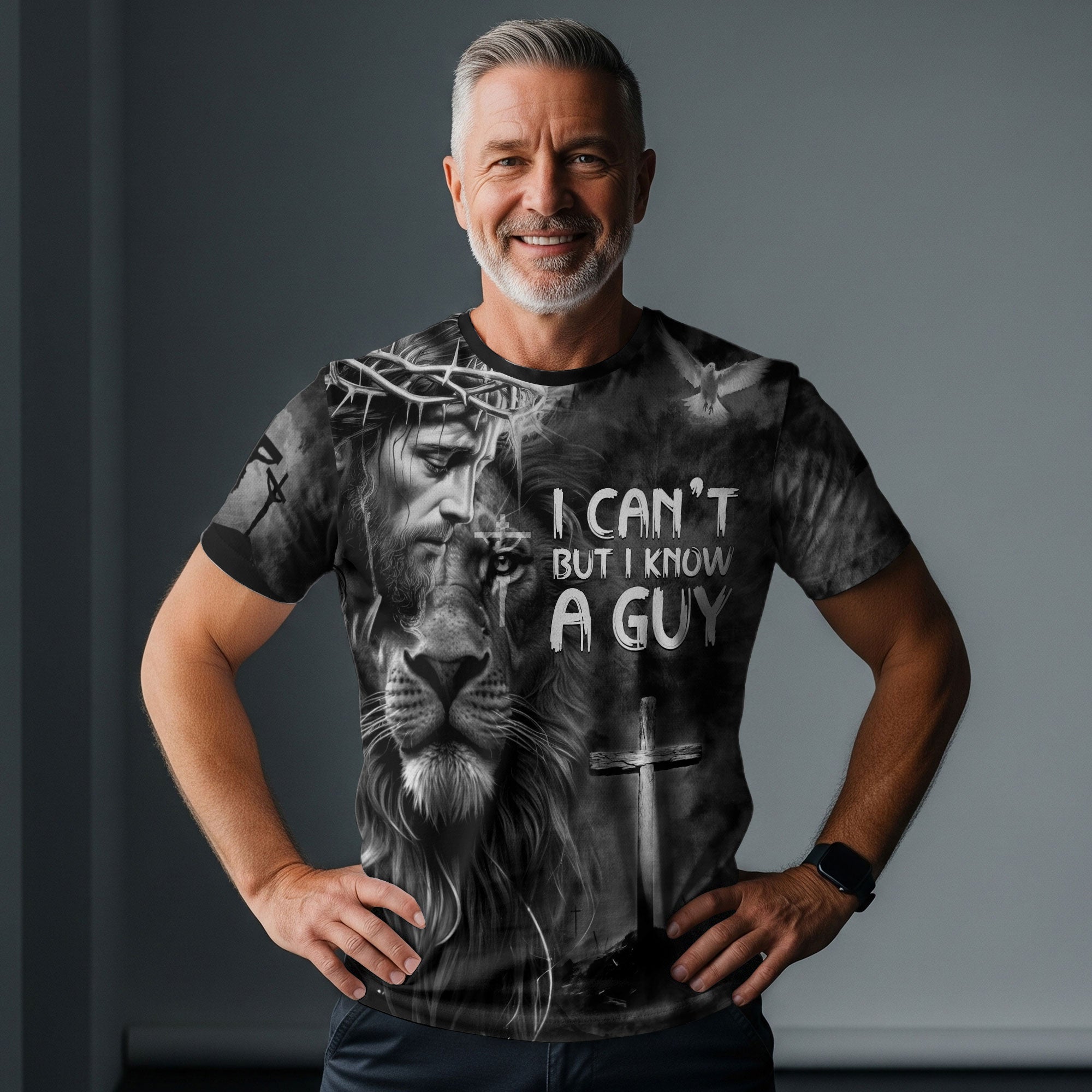 I Can’t But I Know A Guy Jesus Cross Lion Of Judah Black And White Christian T-Shirt
