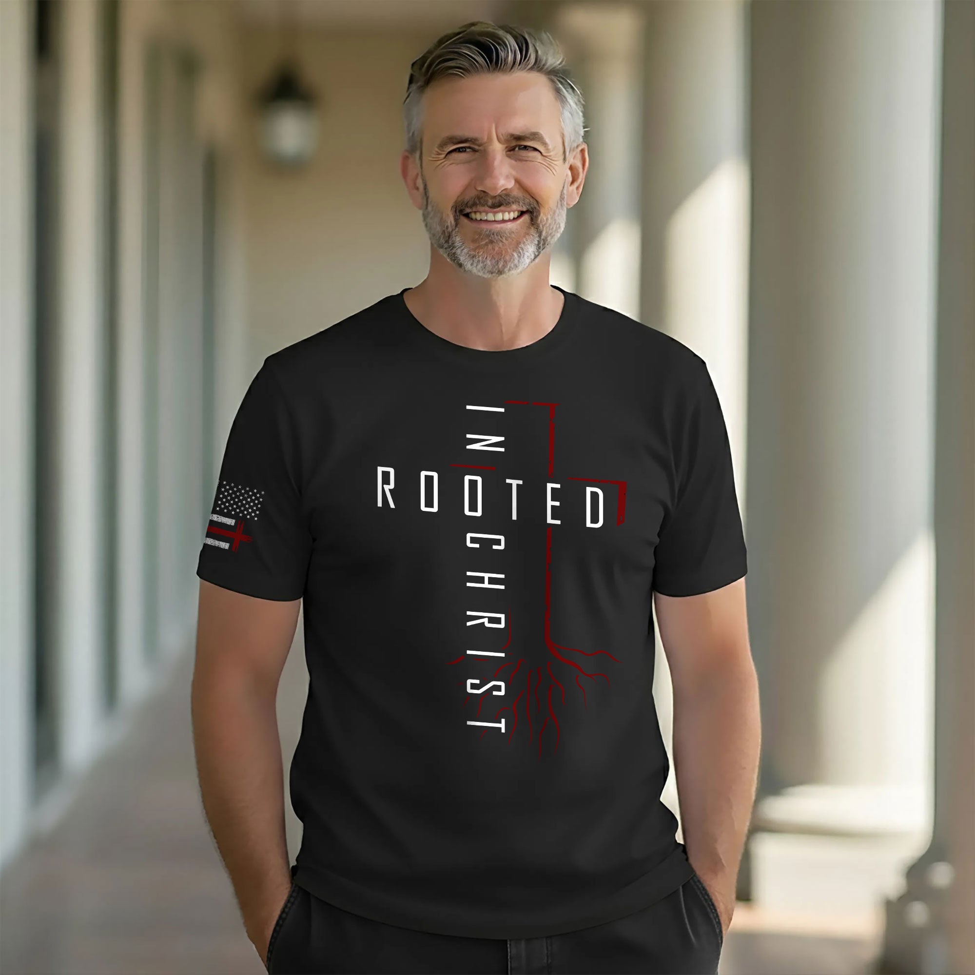 Rooted In Christ Red Cross and Roots Christian T-Shirt