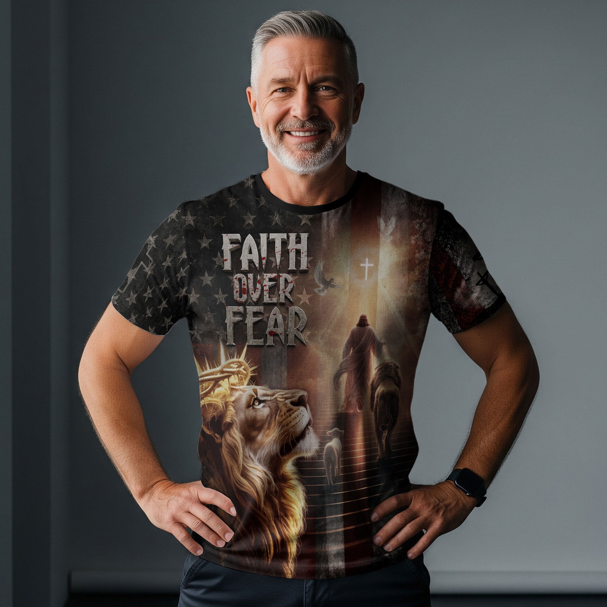 Faith Over Fear Lion of Judah Jesus American Flag Christian T-Shirt