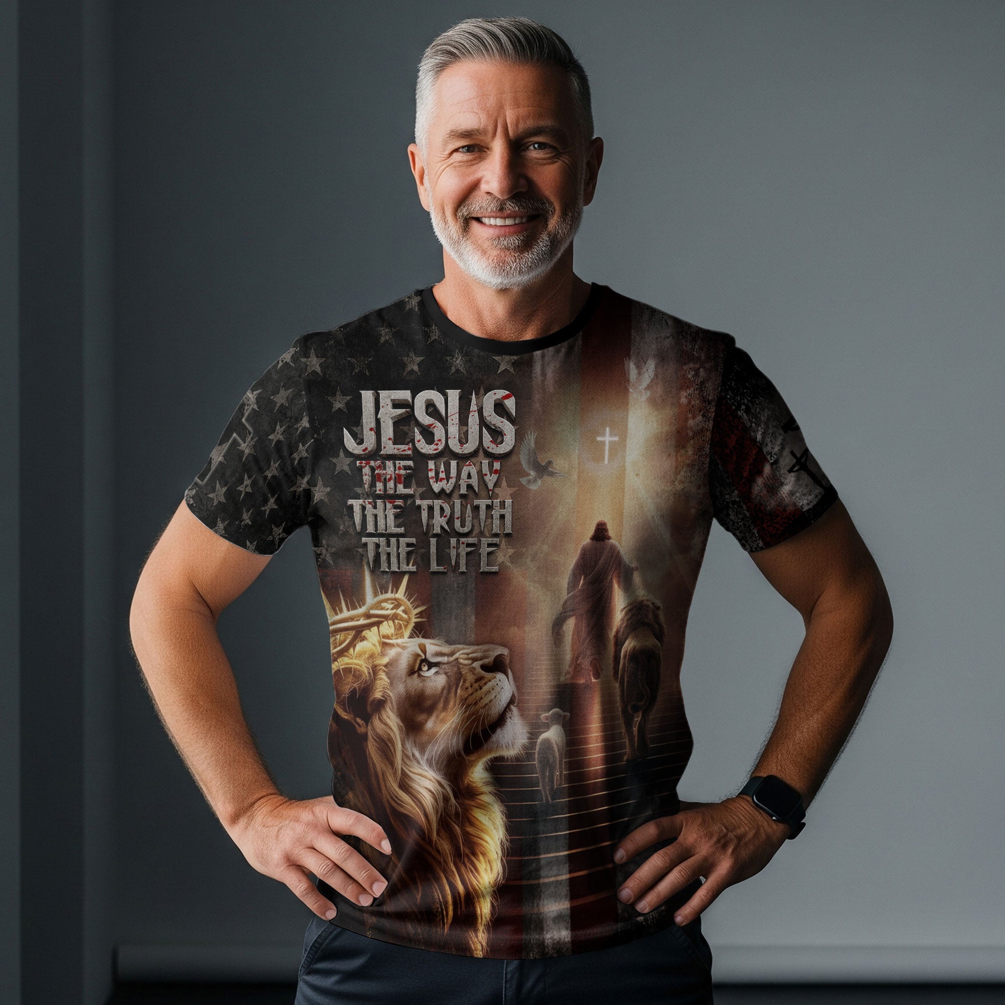 Jesus The Way The Truth The Life Lion of Judah American Flag Christian T-Shirt