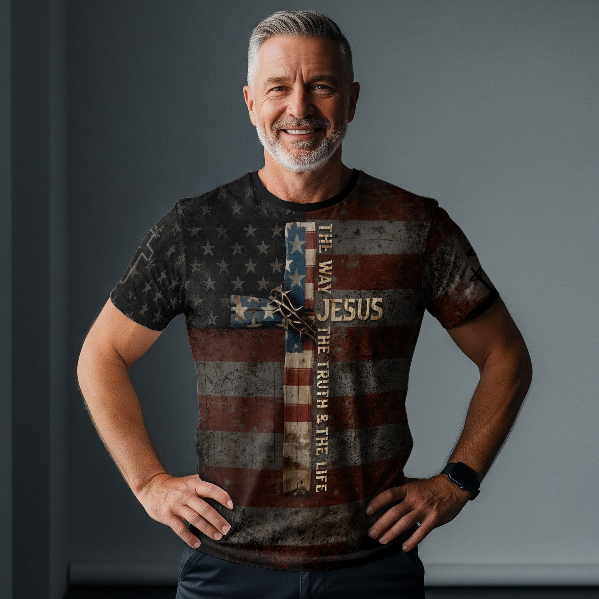 Jesus The Way The Truth The Life Cross American Flag Lion Christian T-Shirt