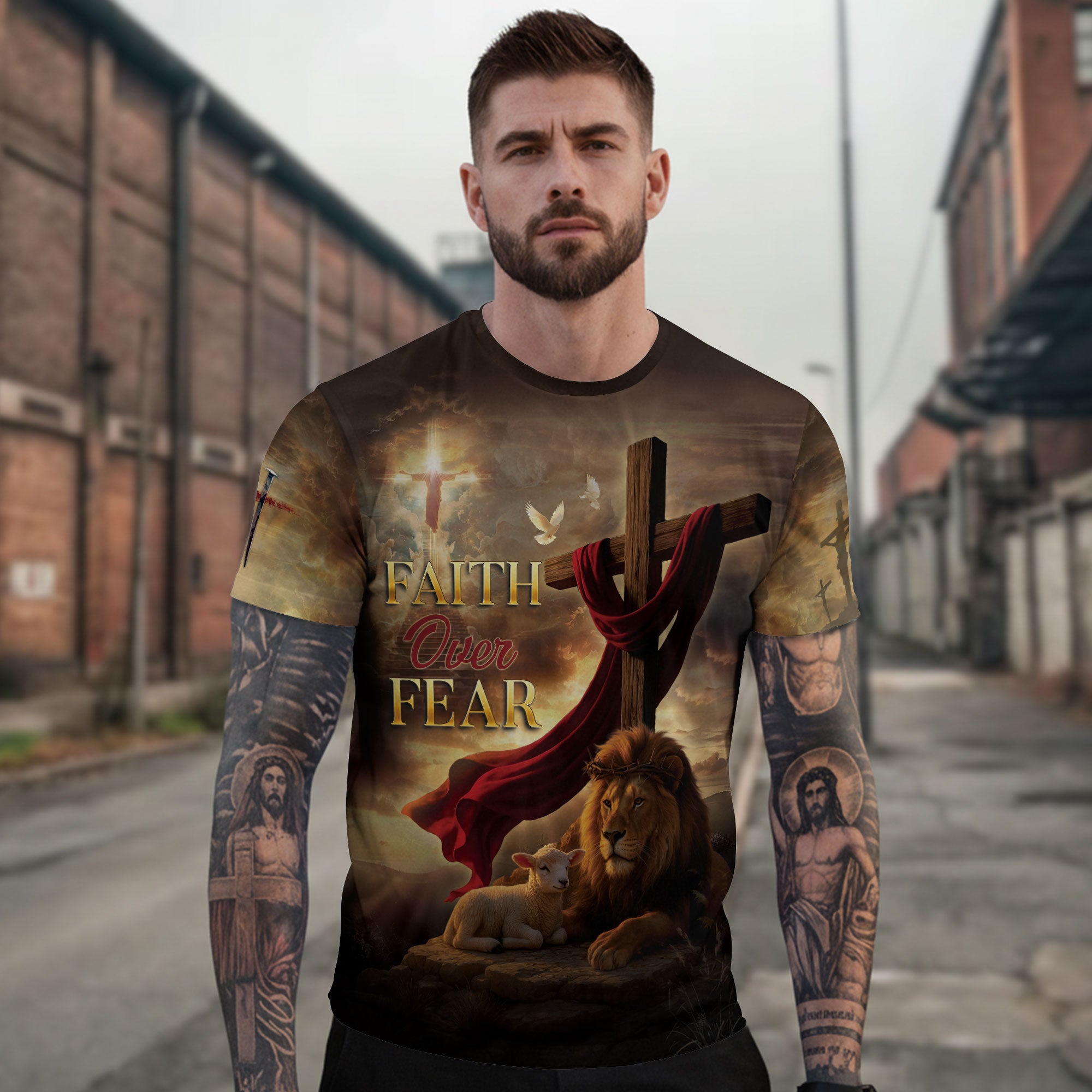 Faith Over Fear Christian T-Shirt Lion Cross Sunset Design